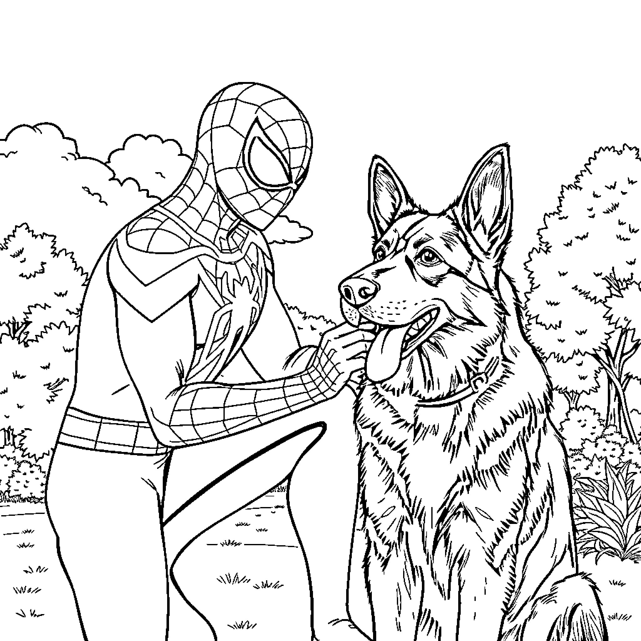 Spider-Man playing with loyal dog in nature Coloring Page (free black-and-white line drawing printable PDF for all, from beginners to advanced learners, including children, teens, adults, and seniors)
