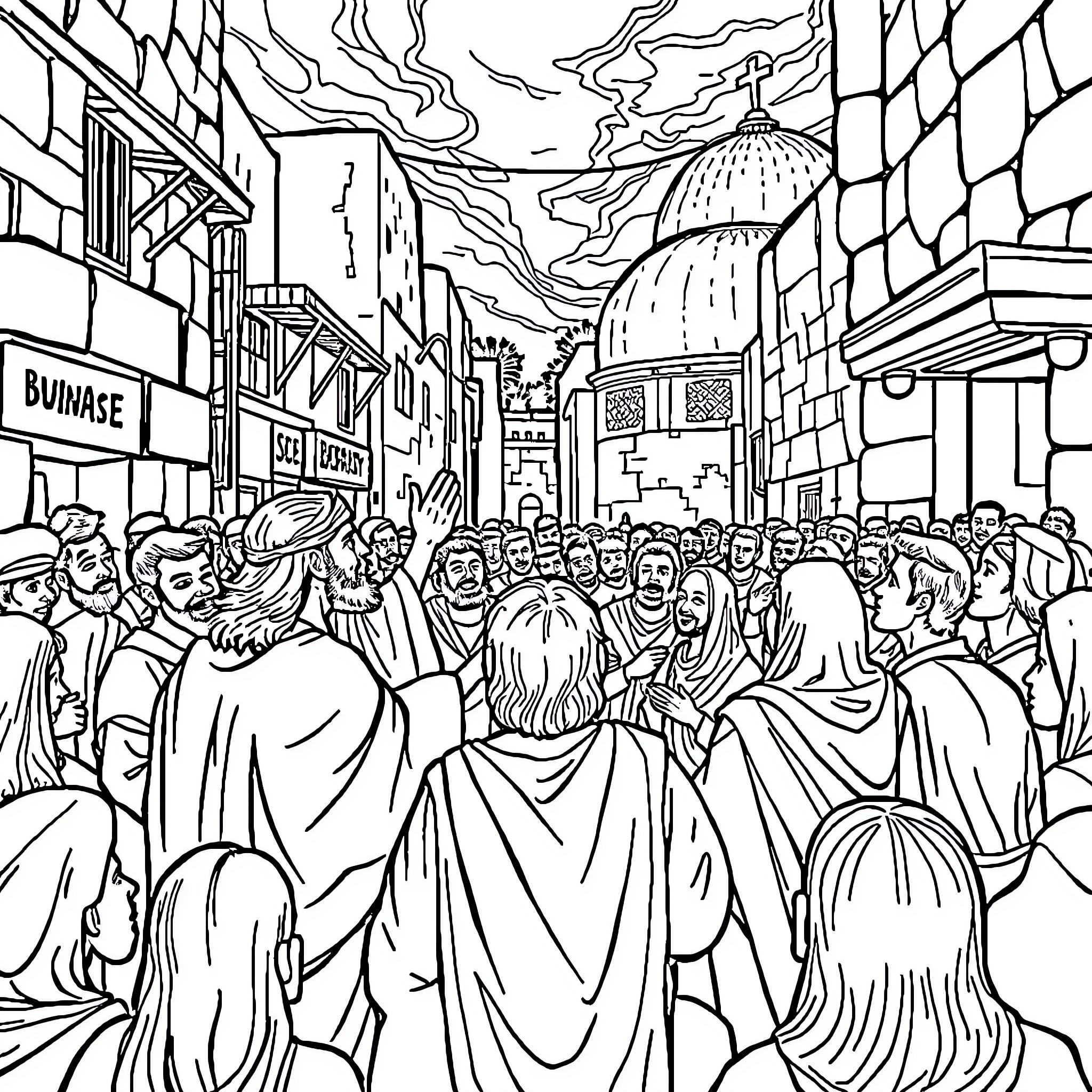 Jesus teaching in a crowded city street Coloring Page (free black-and-white line drawing printable PDF for all, from beginners to advanced learners, including children, teens, adults, and seniors)