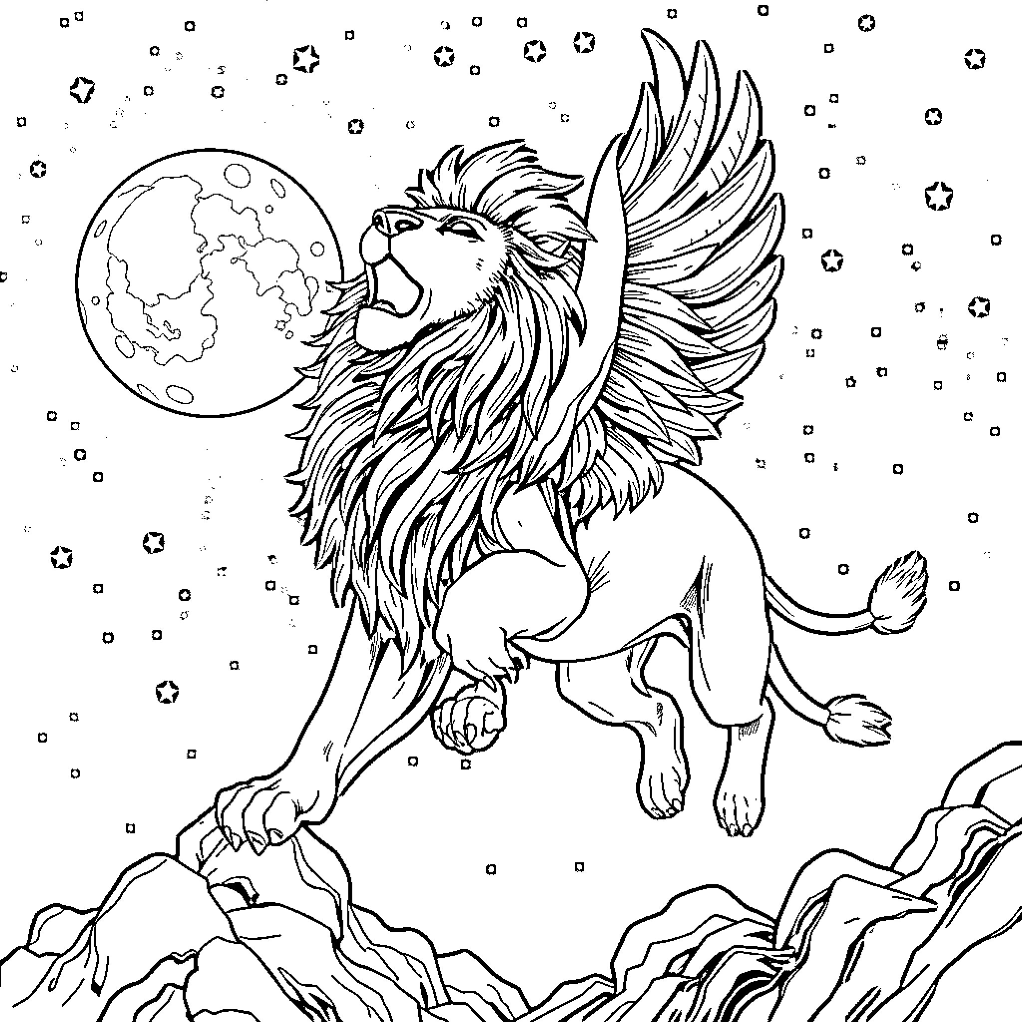 Lion roaring in the starry night Coloring Page (free black-and-white line drawing printable PDF for all, from beginners to advanced learners, including children, teens, adults, and seniors)