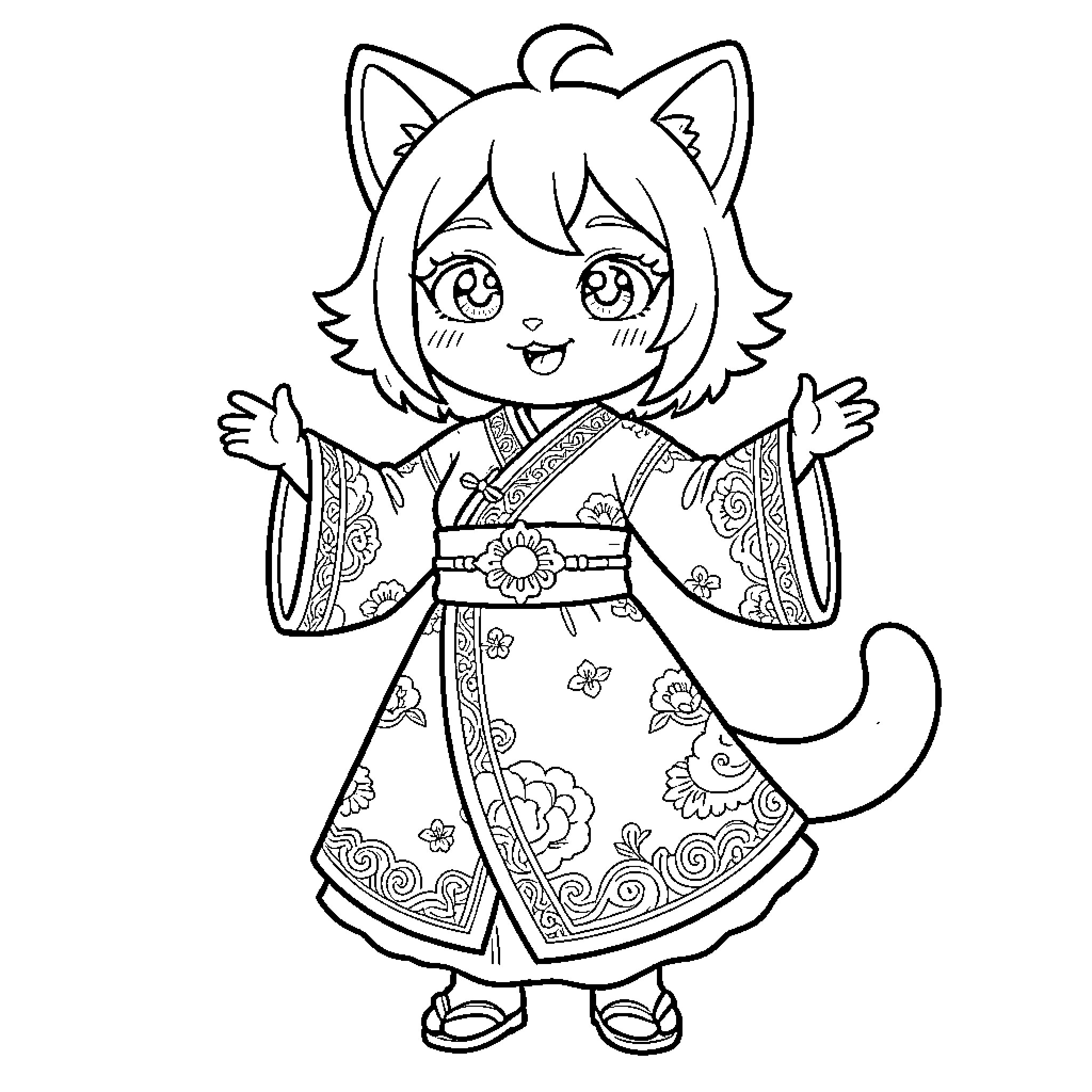 Anime Cat Girl wearing a patterned kimono and smiling Coloring Page (free black-and-white line drawing printable PDF for all, from beginners to advanced learners, including children, teens, adults, and seniors)
