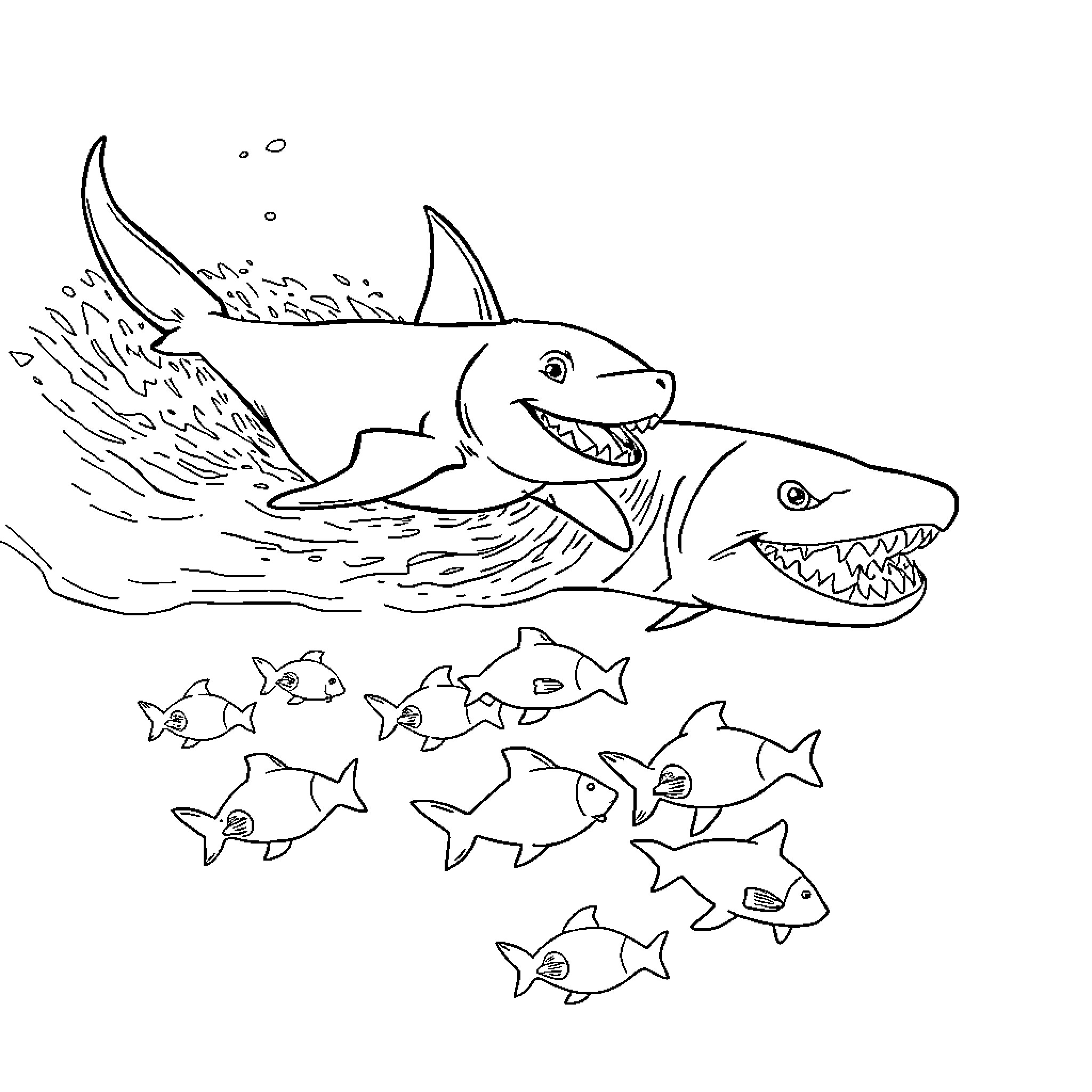 Perro sharks swimming with school of fish Coloring Page (free black-and-white line drawing printable PDF for all, from beginners to advanced learners, including children, teens, adults, and seniors)
