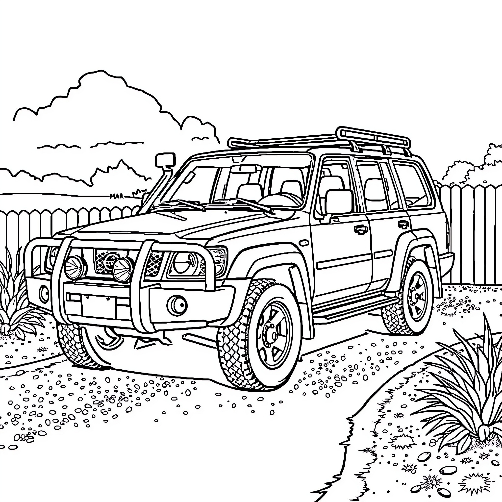 Nissan Patrol off-road adventure through rugged terrain Coloring Page (free black-and-white line drawing printable PDF for all, from beginners to advanced learners, including children, teens, adults, and seniors)