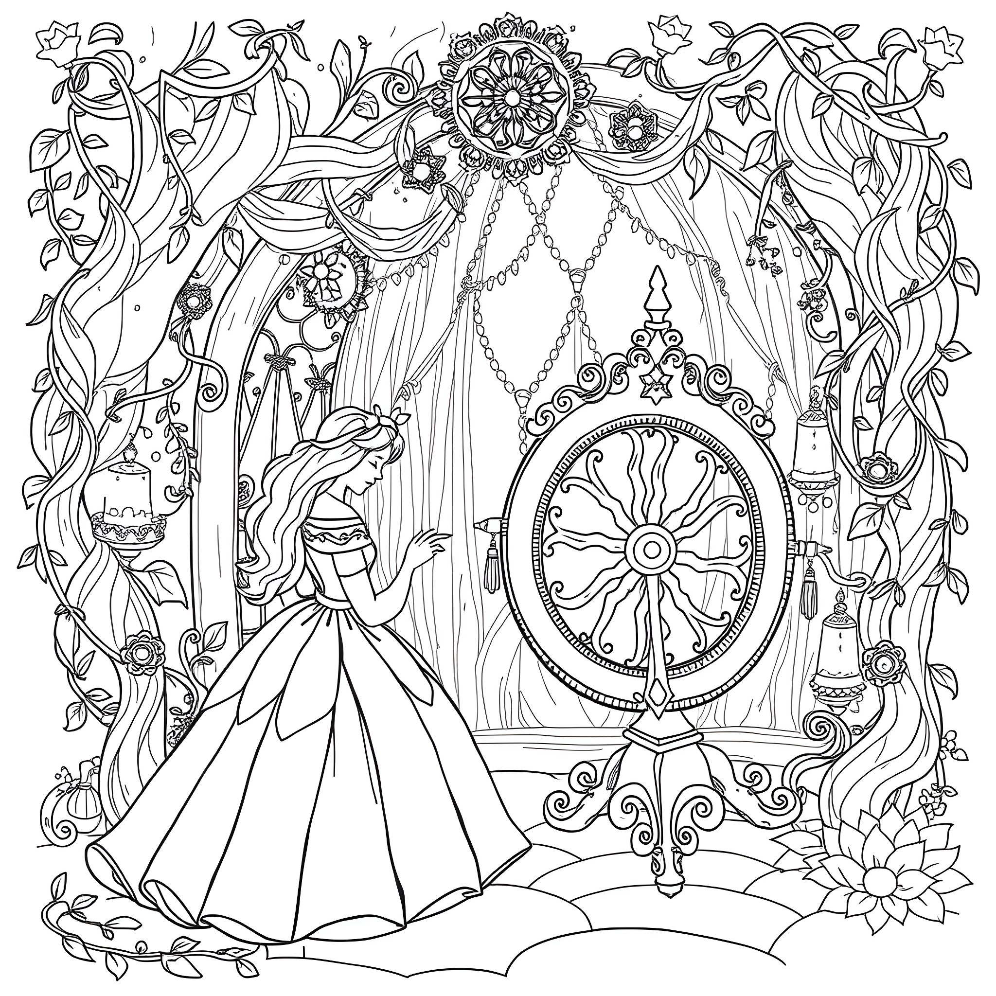 Sleeping Beauty in a Magical Dream Coloring Page (free black-and-white line drawing printable PDF for all, from beginners to advanced learners, including children, teens, adults, and seniors)