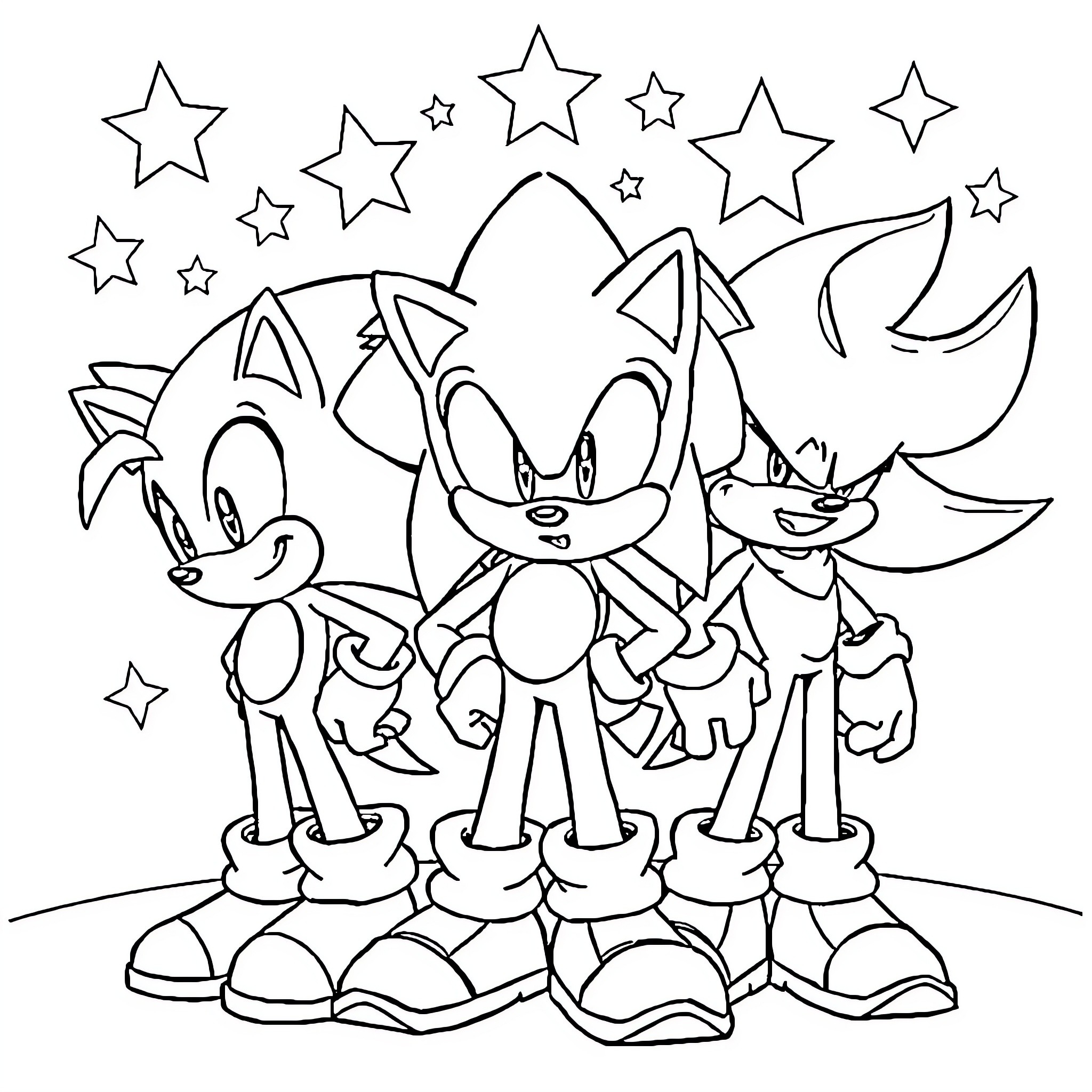 Sonic and Friends Playfully Posing with Stars Coloring Page (free black-and-white line drawing printable PDF for all, from beginners to advanced learners, including children, teens, adults, and seniors)