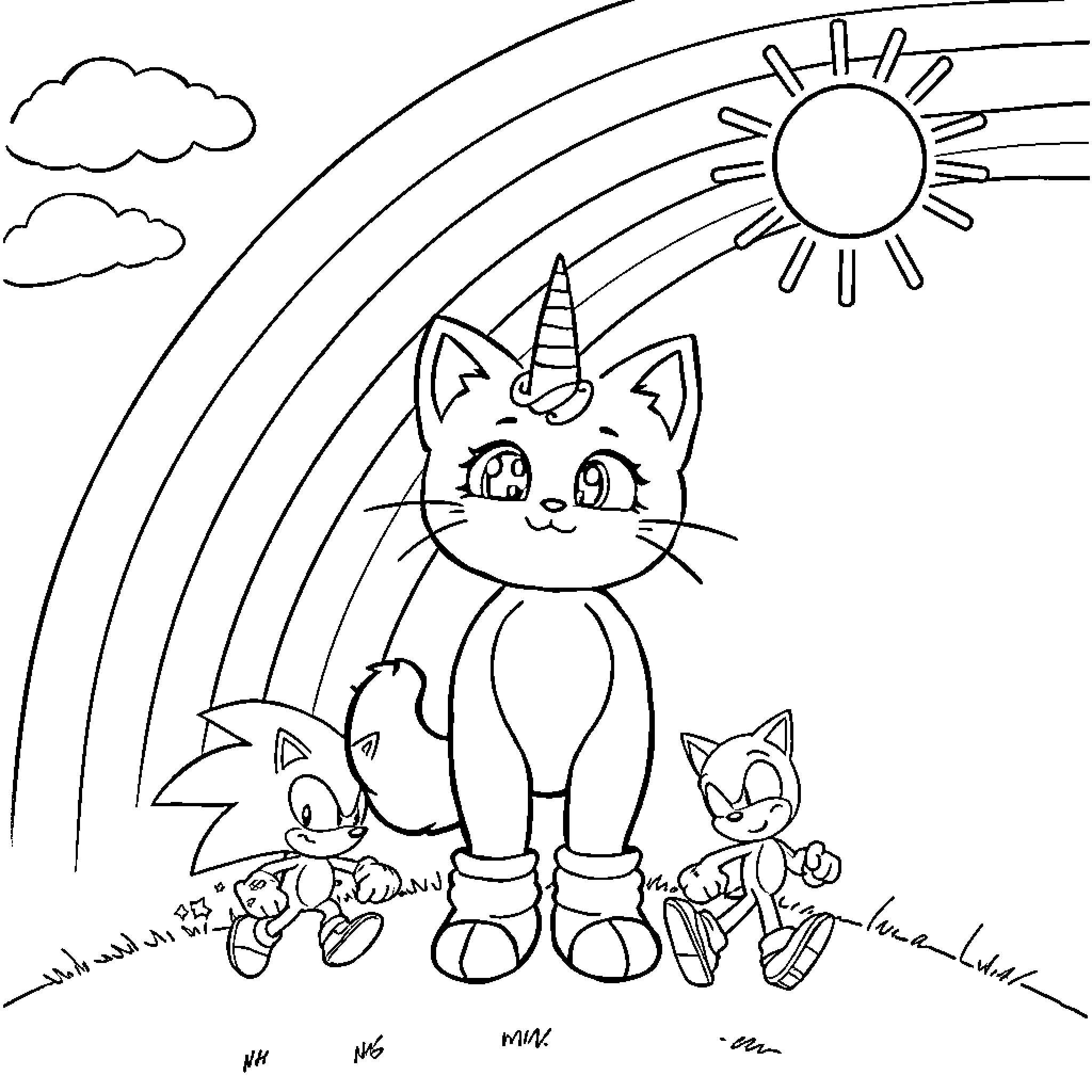 Unikitty and friends under the rainbow Coloring Page (free black-and-white line drawing printable PDF for all, from beginners to advanced learners, including children, teens, adults, and seniors)