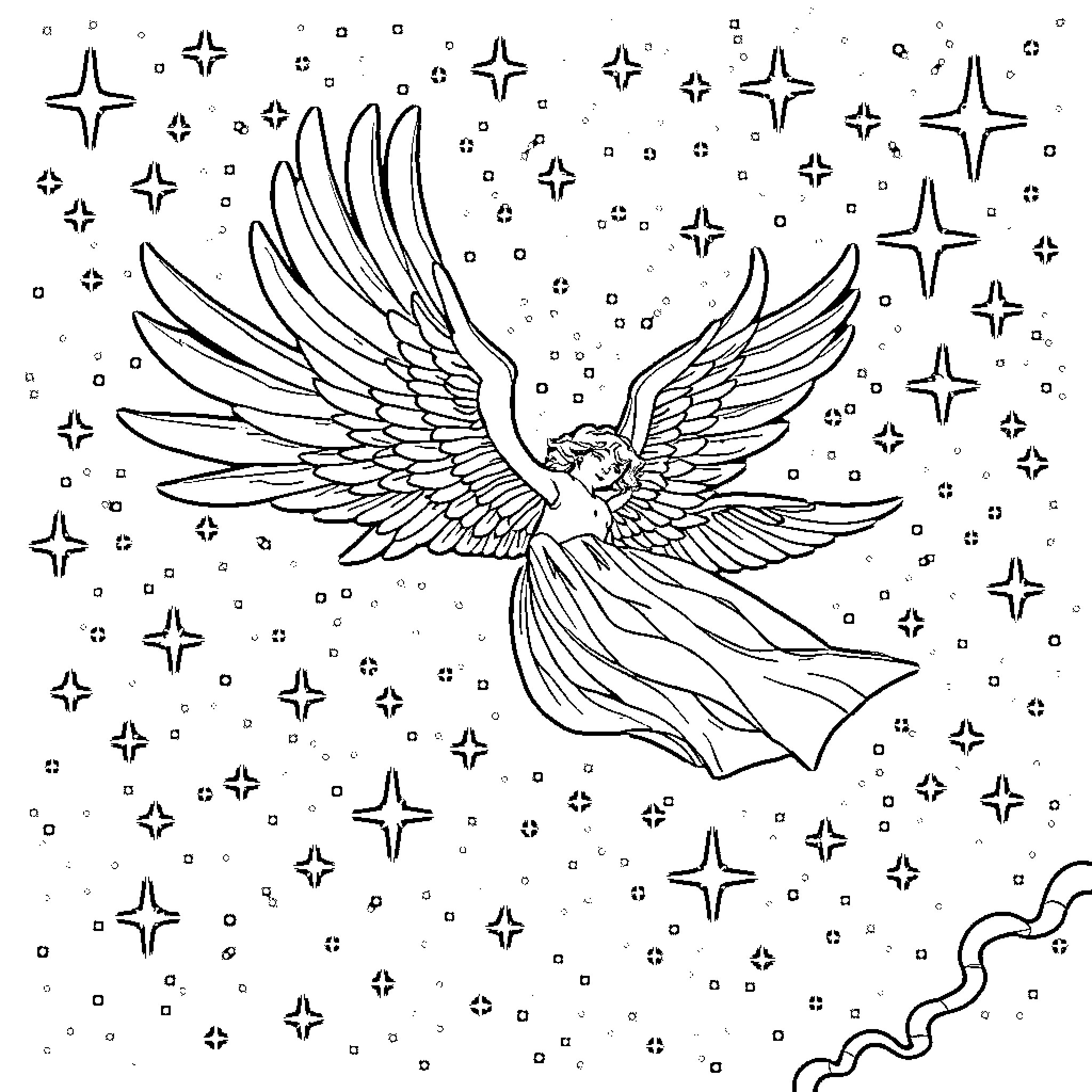 Angel soaring through a starry sky Coloring Page (free black-and-white line drawing printable PDF for all, from beginners to advanced learners, including children, teens, adults, and seniors)