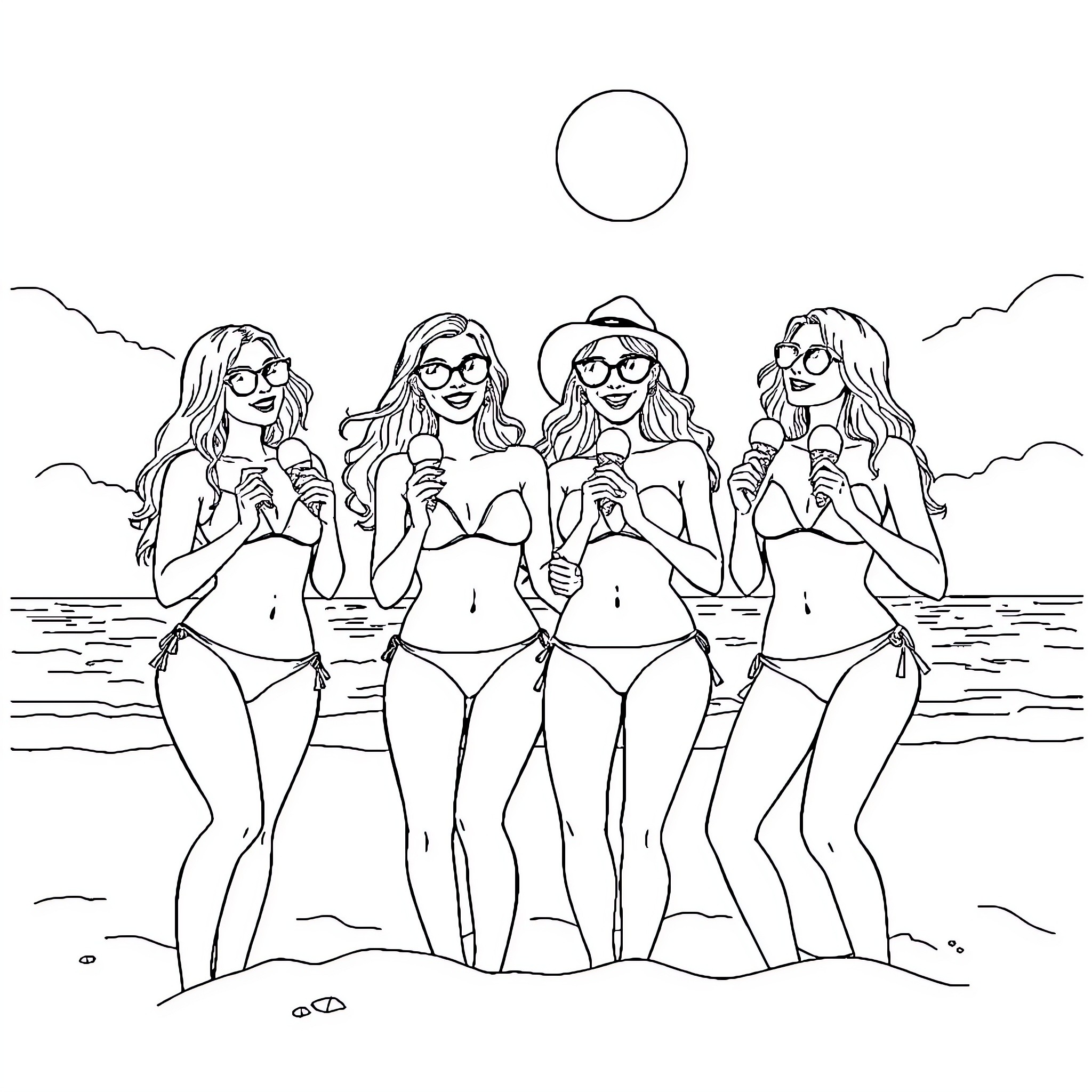 Babes enjoying a day at the beach Coloring Page (free black-and-white line drawing printable PDF for all, from beginners to advanced learners, including children, teens, adults, and seniors)