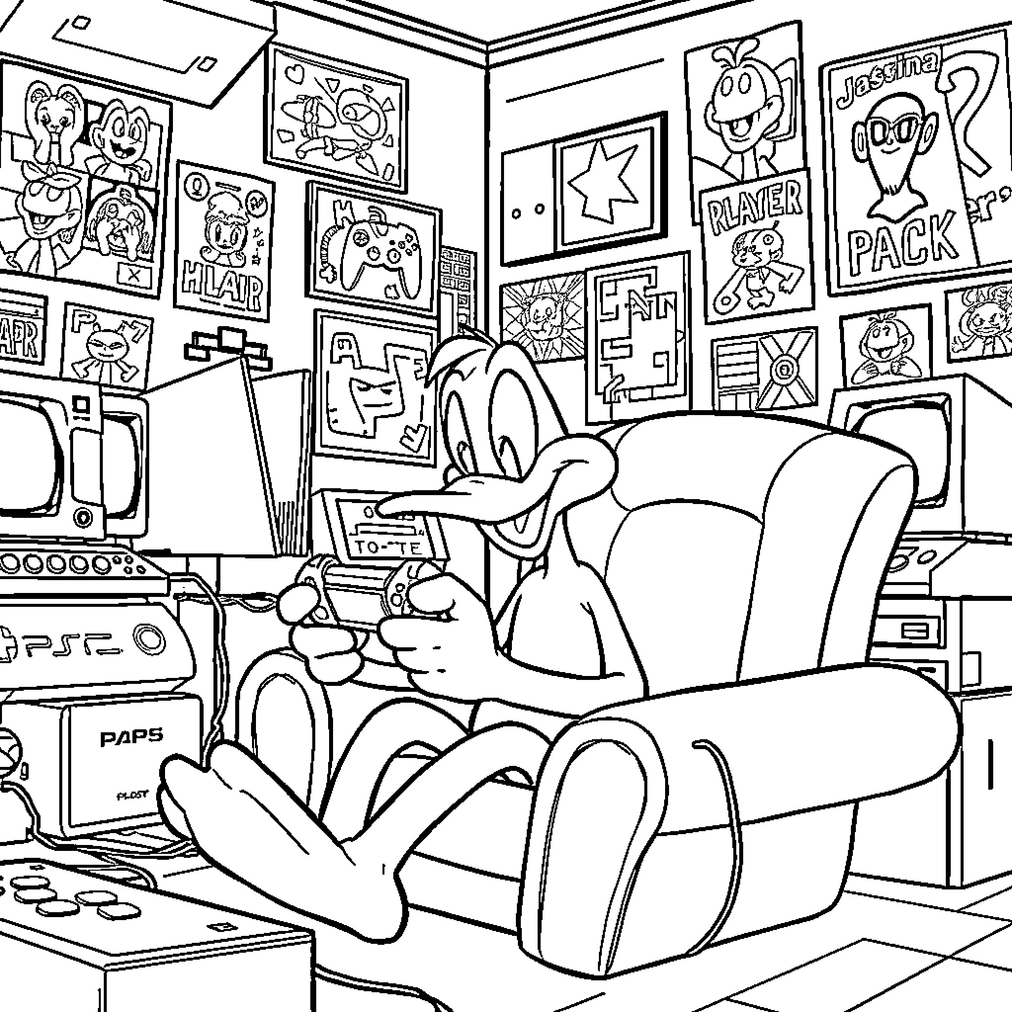 Daffy Duck enjoying video games in his game room Coloring Page (free black-and-white line drawing printable PDF for all, from beginners to advanced learners, including children, teens, adults, and seniors)