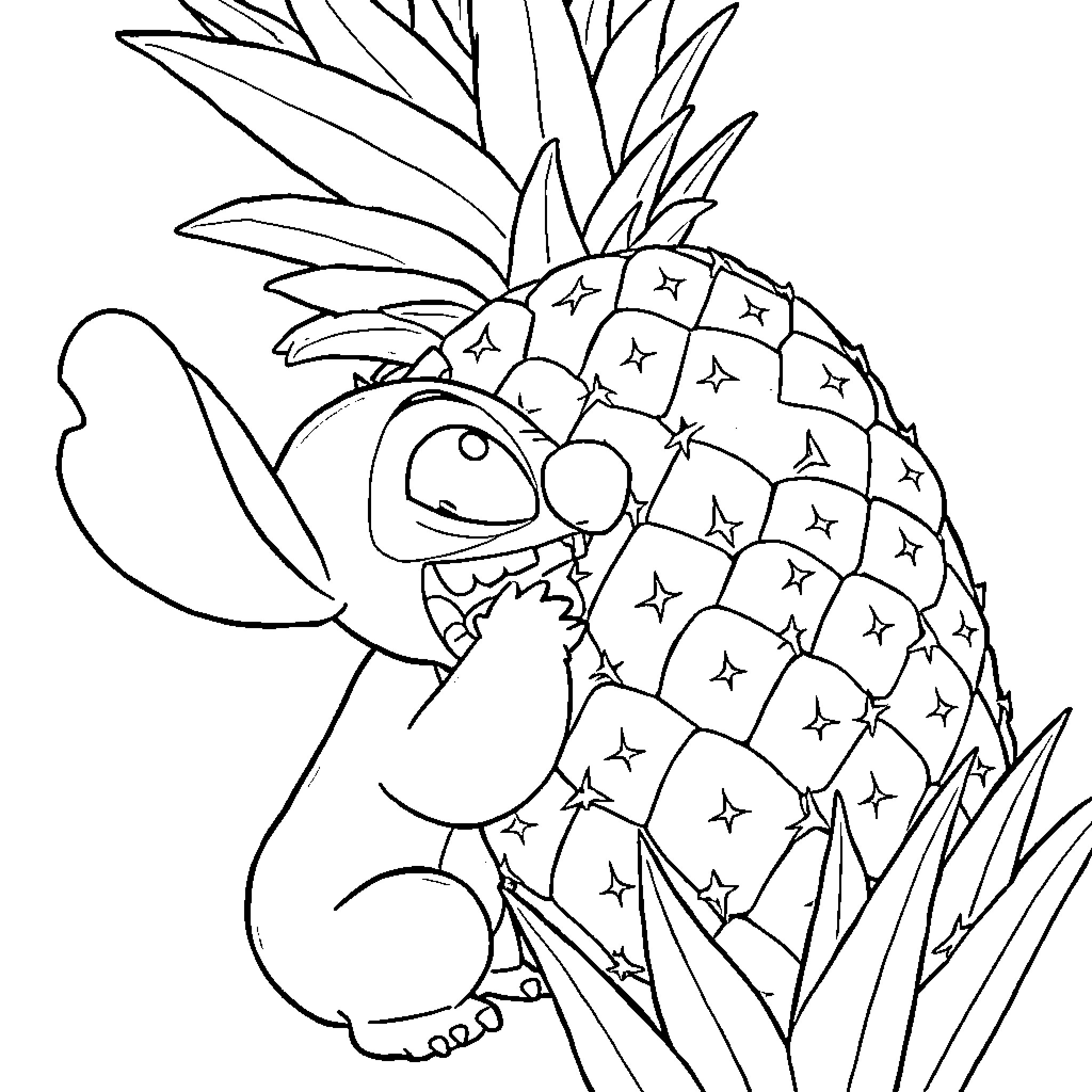 Stitch climbing pineapple leaves with a curious expression Coloring Page (free black-and-white line drawing printable PDF for all, from beginners to advanced learners, including children, teens, adults, and seniors)