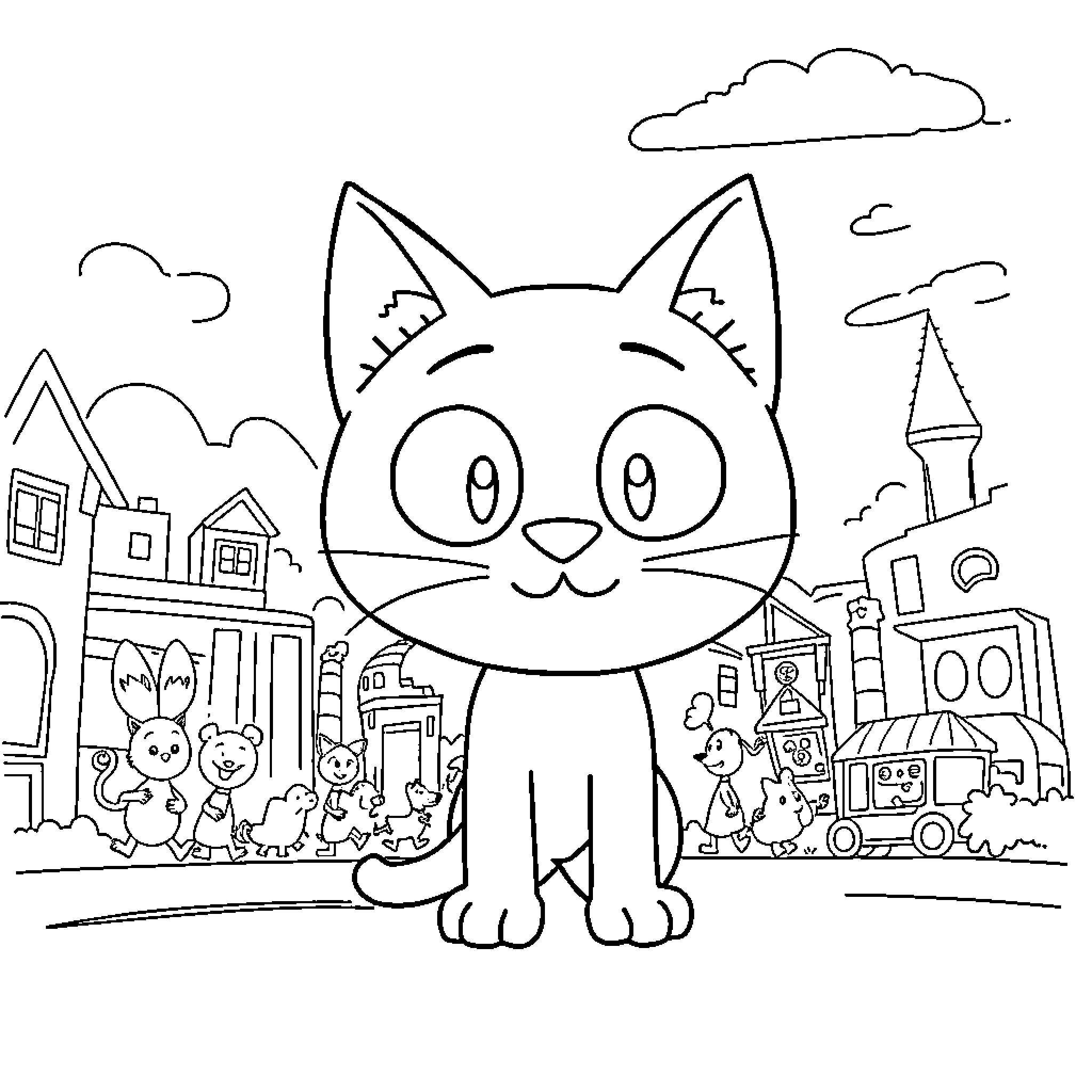 Gumball in the Cartoon Town Coloring Page (free black-and-white line drawing printable PDF for all, from beginners to advanced learners, including children, teens, adults, and seniors)