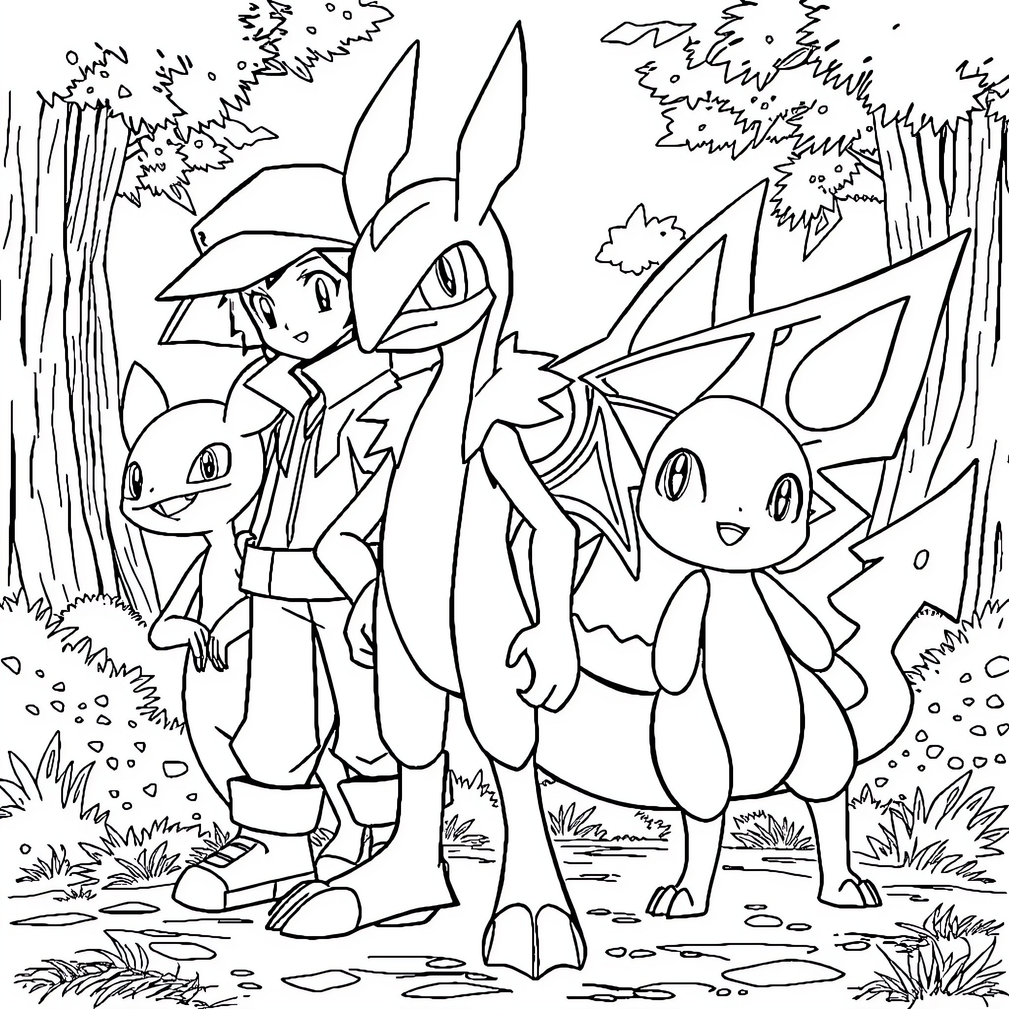 Greninja and Friends in the Forest Coloring Page (free black-and-white line drawing printable PDF for all, from beginners to advanced learners, including children, teens, adults, and seniors)