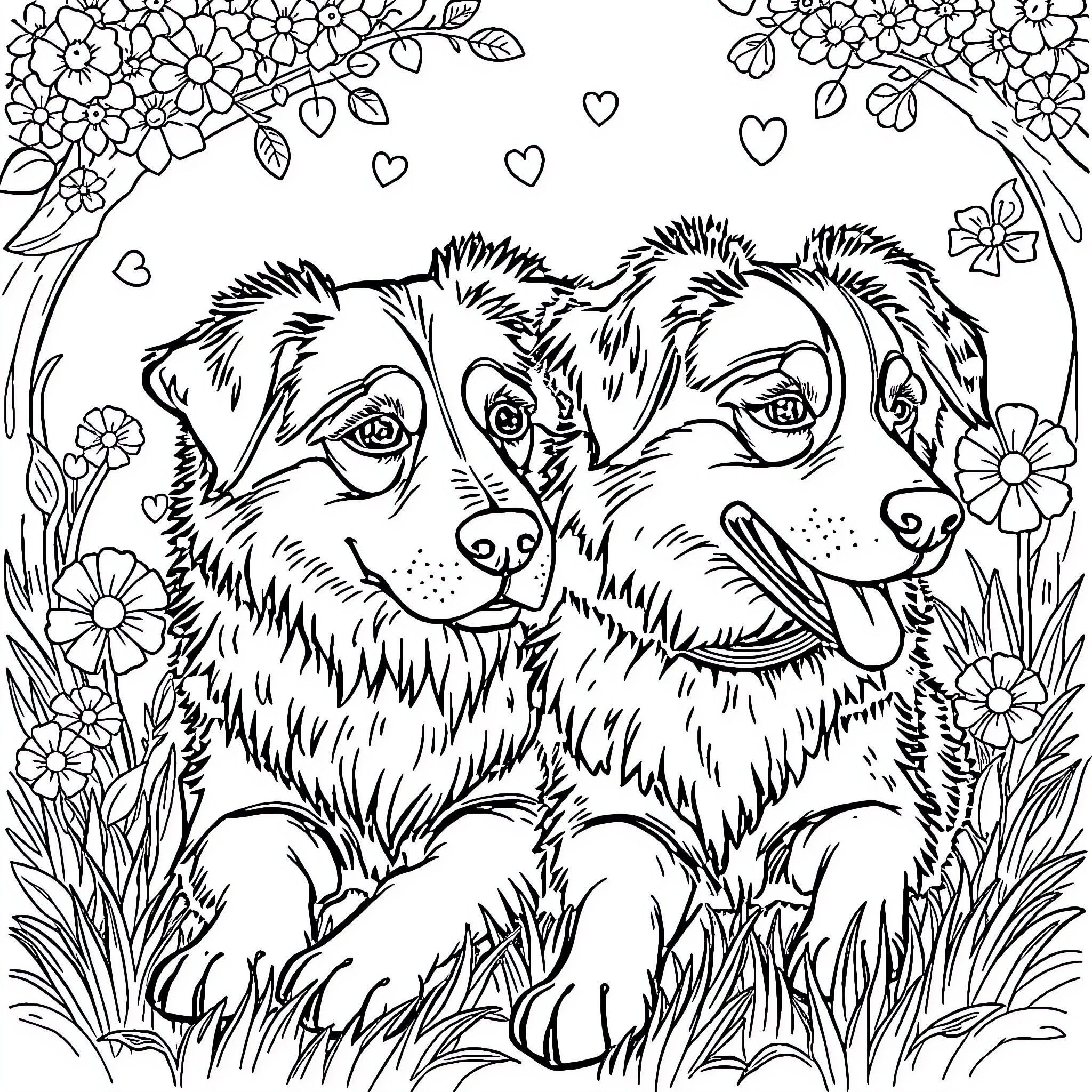 Dog friends playing in flower garden Coloring Page (free black-and-white line drawing printable PDF for all, from beginners to advanced learners, including children, teens, adults, and seniors)