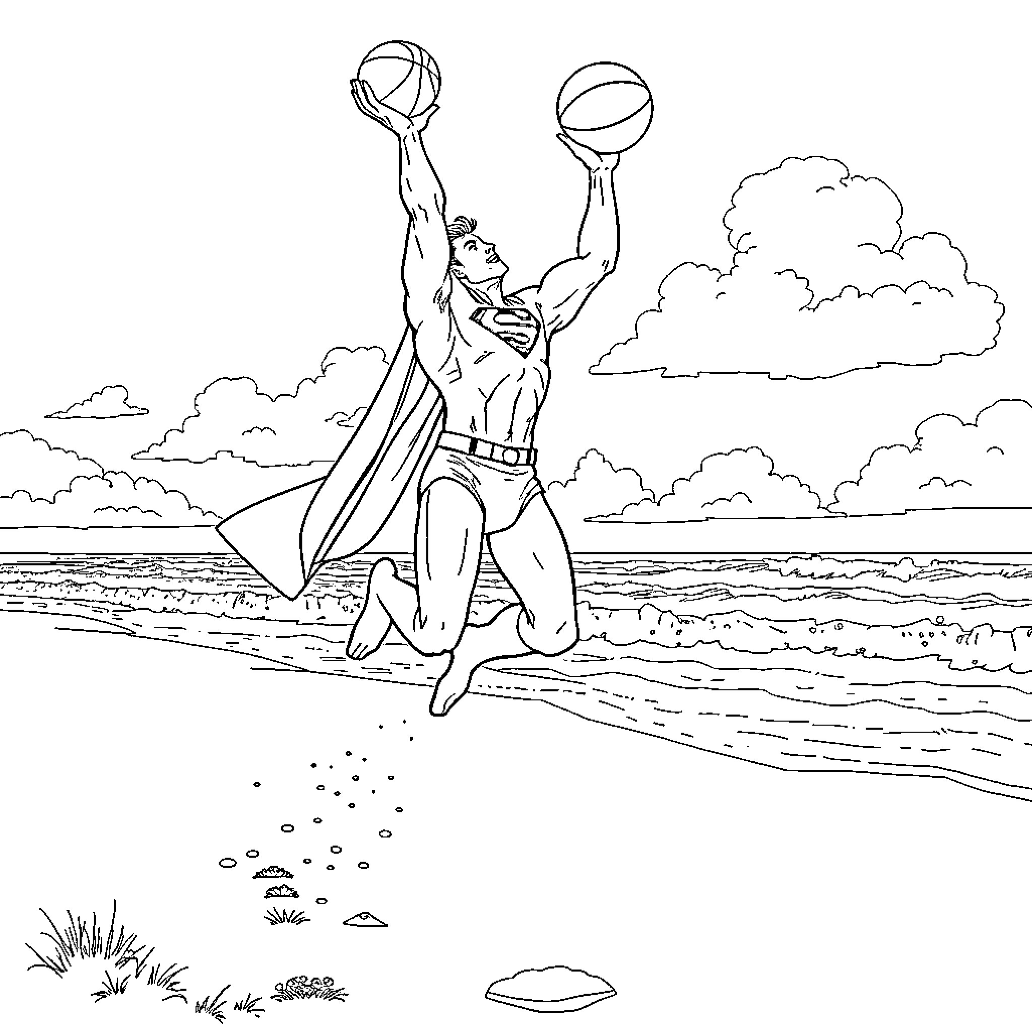 Superman playing with basketballs on the beach Coloring Page (free black-and-white line drawing printable PDF for all, from beginners to advanced learners, including children, teens, adults, and seniors)