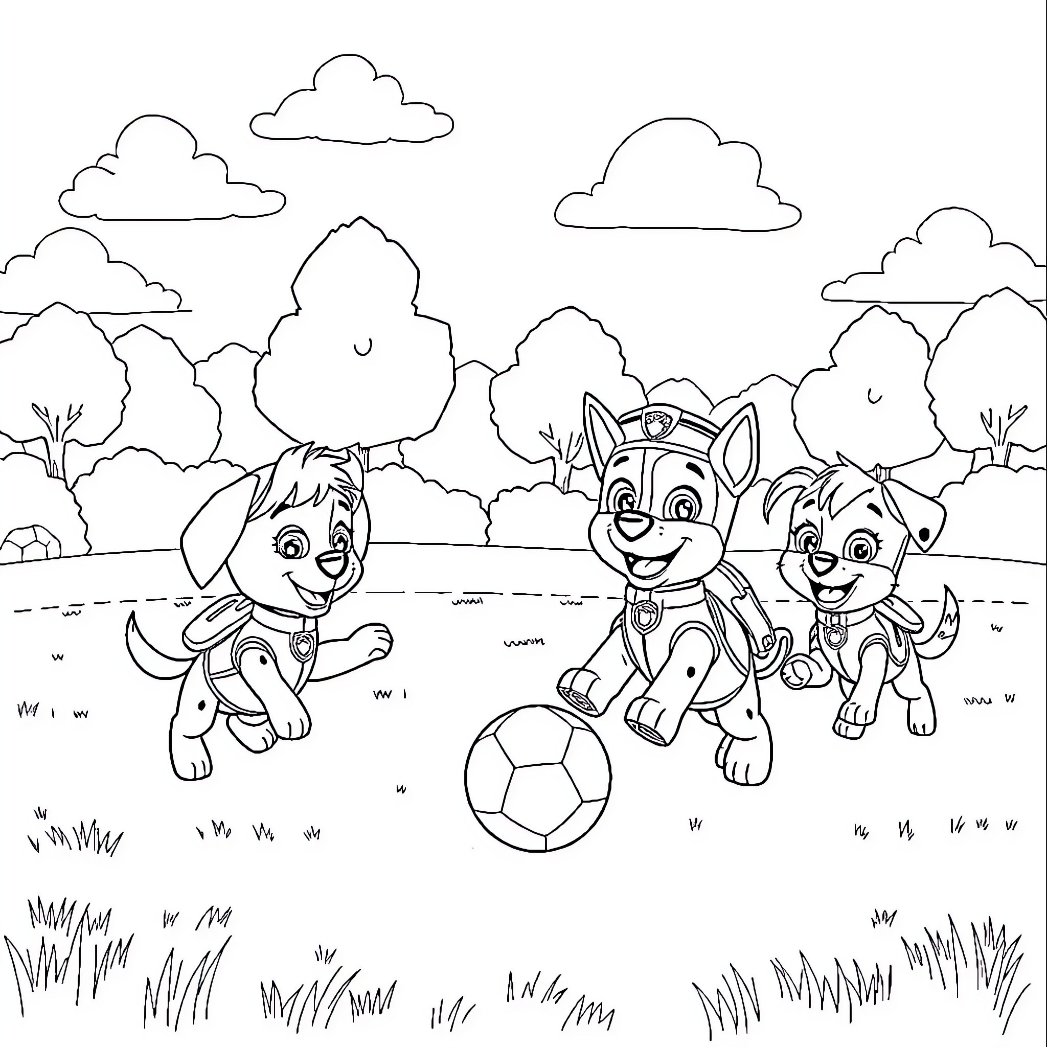 Paw Patrol Puppies Playing with Soccer Ball in Outdoor Scene Coloring Page (free black-and-white line drawing printable PDF for all, from beginners to advanced learners, including children, teens, adults, and seniors)