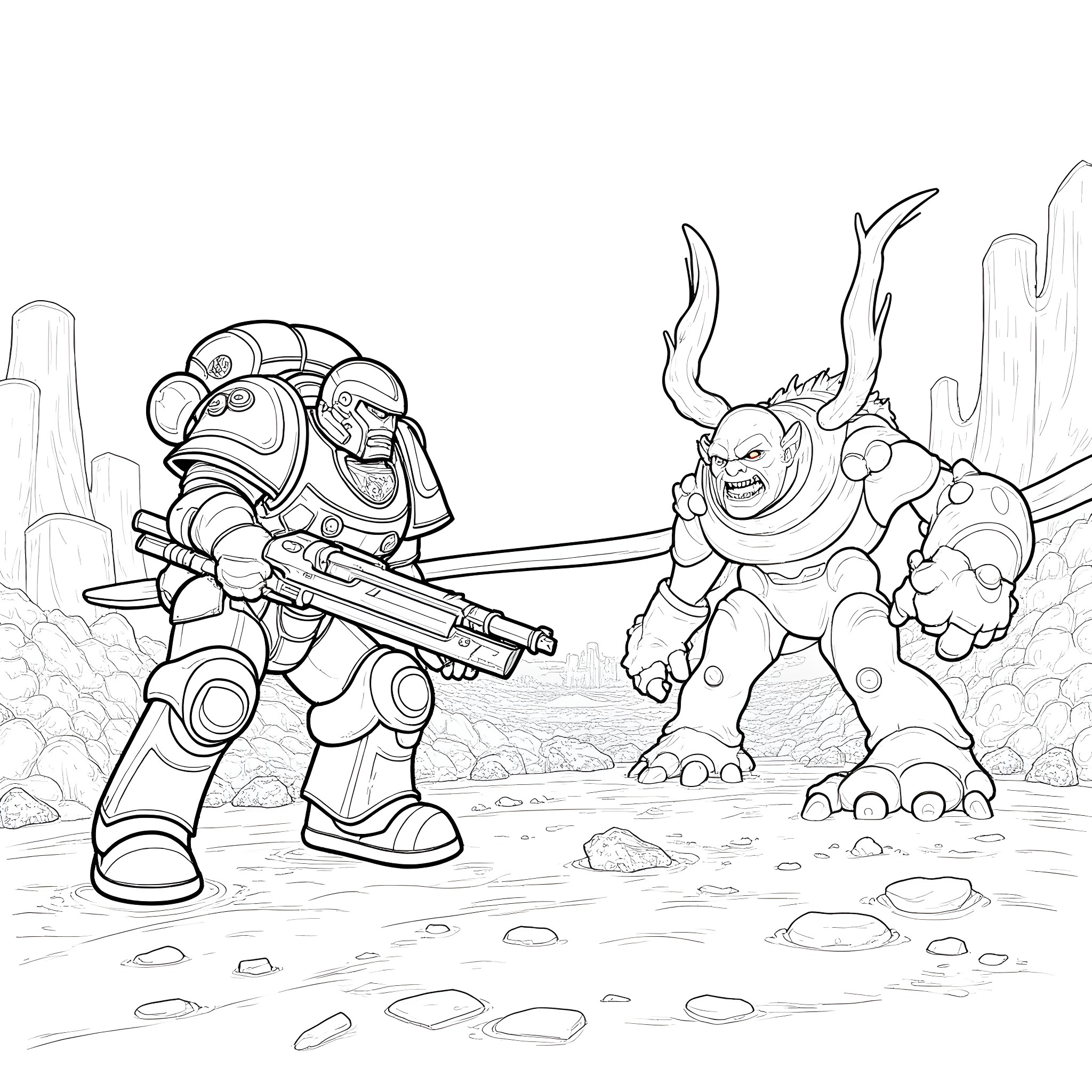 Space Marine confronting a hulking alien adversary Coloring Page (free black-and-white line drawing printable PDF for all, from beginners to advanced learners, including children, teens, adults, and seniors)