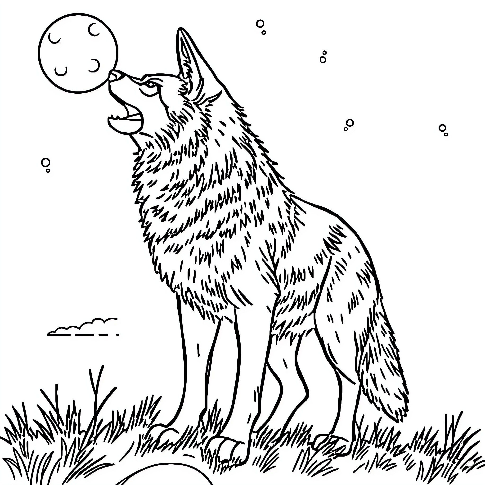 Wolf howling at the moon in the night Coloring Page (free black-and-white line drawing printable PDF for all, from beginners to advanced learners, including children, teens, adults, and seniors)
