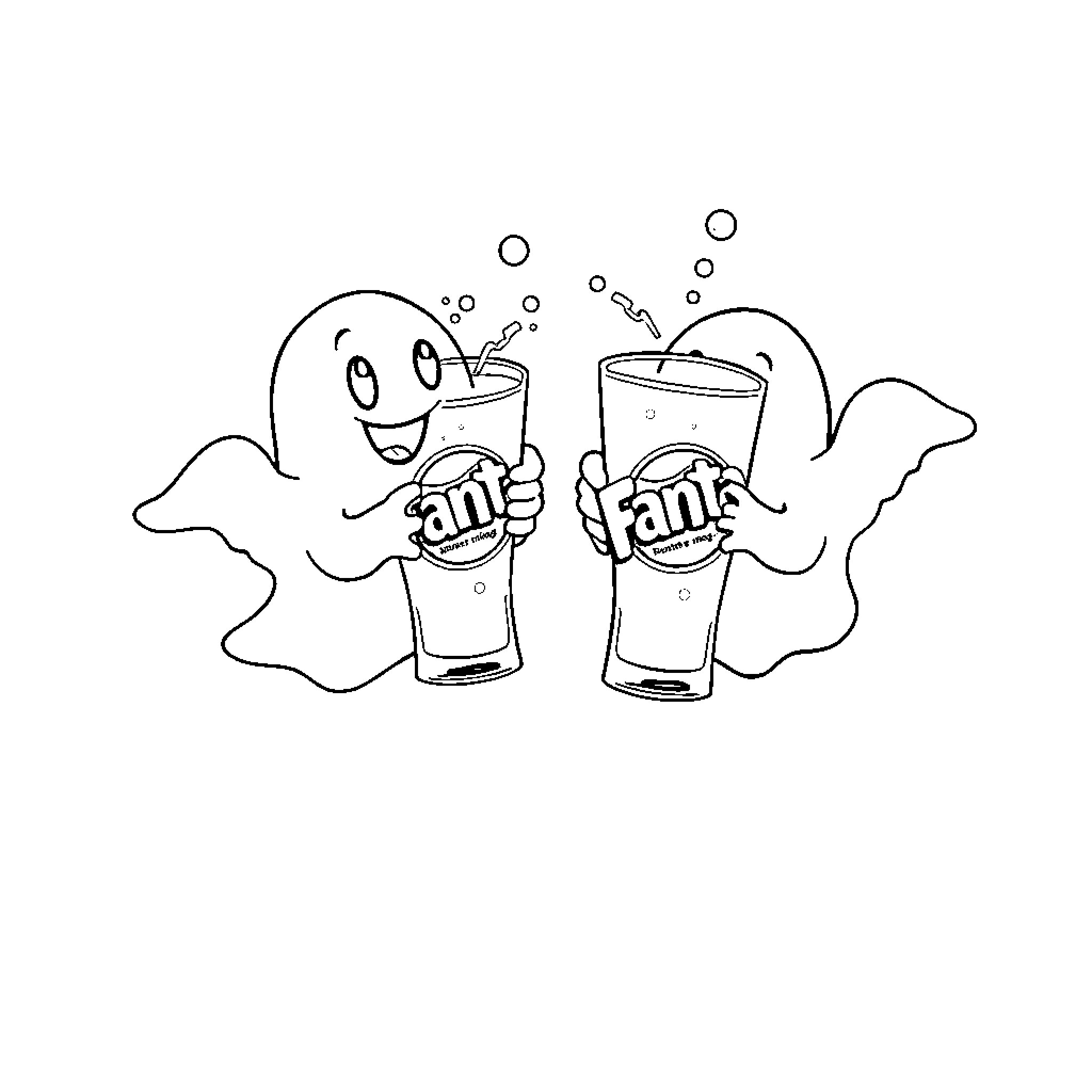 Ghost-like figures enjoying fizzy drinks Coloring Page (free black-and-white line drawing printable PDF for all, from beginners to advanced learners, including children, teens, adults, and seniors)