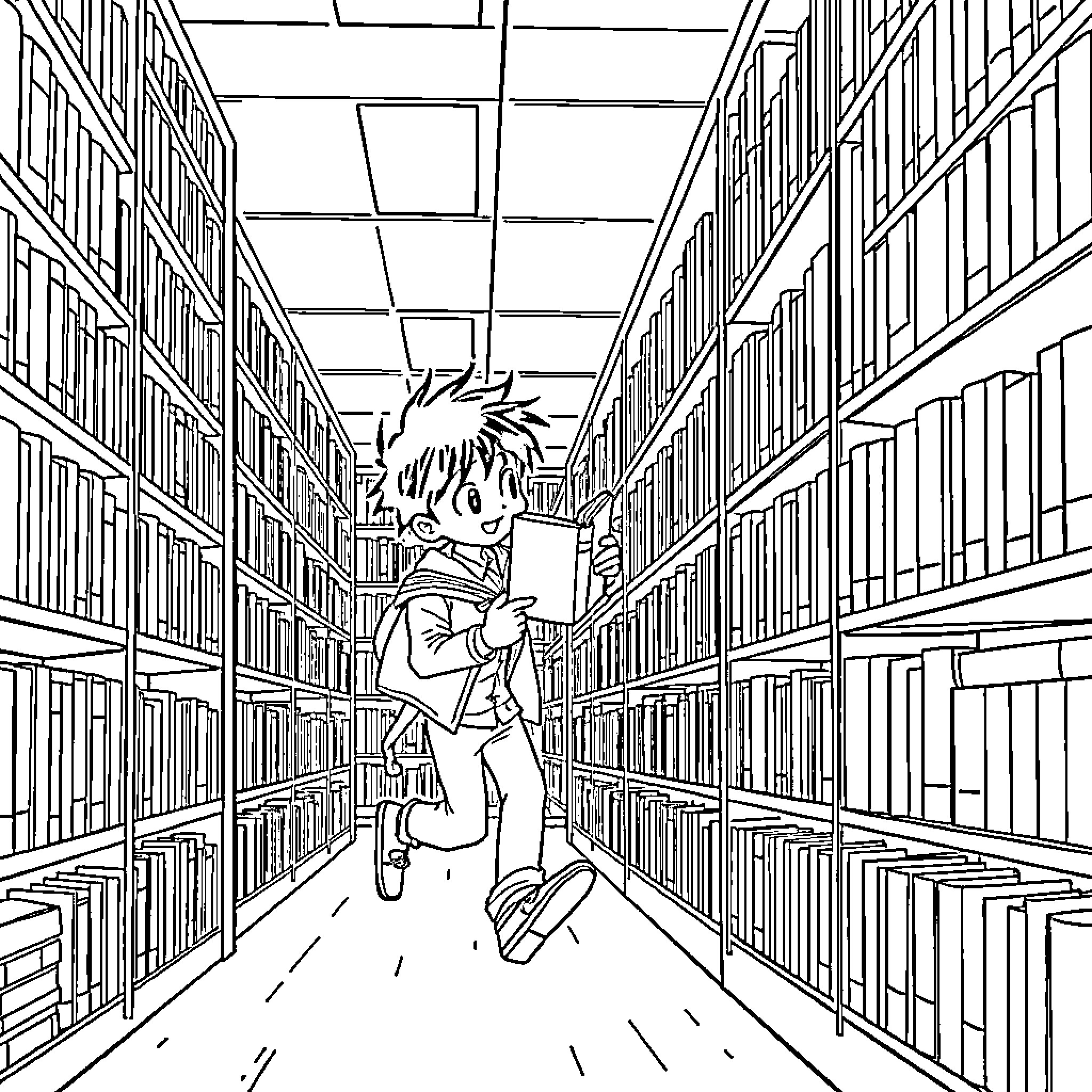 Inosuke running energetically in a library Coloring Page (free black-and-white line drawing printable PDF for all, from beginners to advanced learners, including children, teens, adults, and seniors)