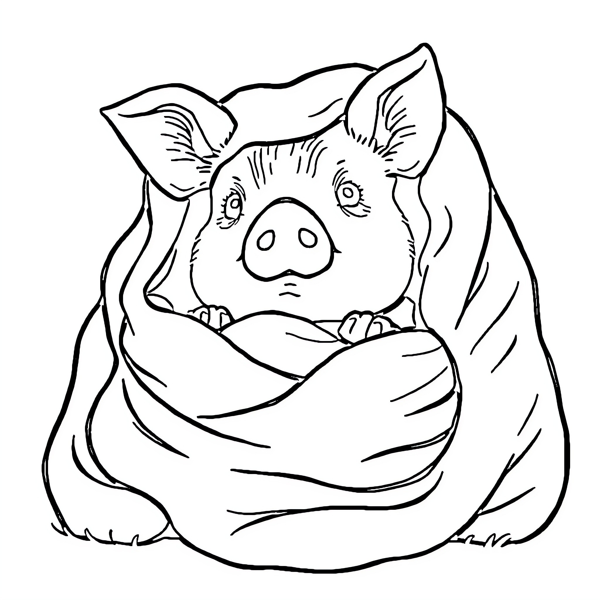 Pig wrapped in a blanket Coloring Page (free black-and-white line drawing printable PDF for all, from beginners to advanced learners, including children, teens, adults, and seniors)