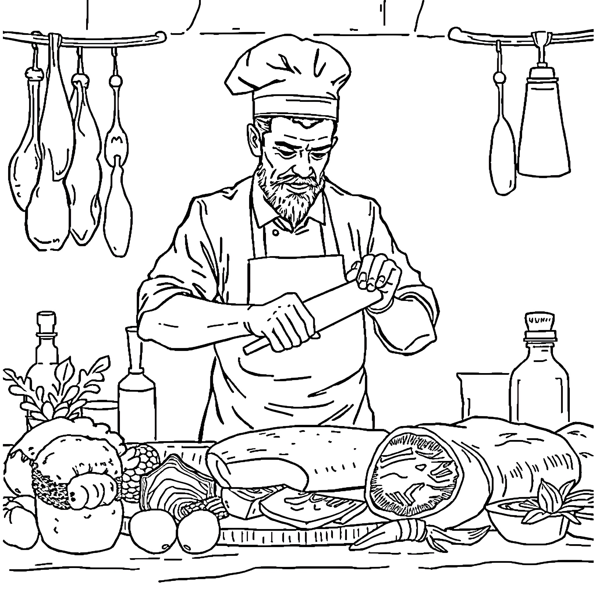 Meat Cutter preparing ingredients in the kitchen Coloring Page (free black-and-white line drawing printable PDF for all, from beginners to advanced learners, including children, teens, adults, and seniors)