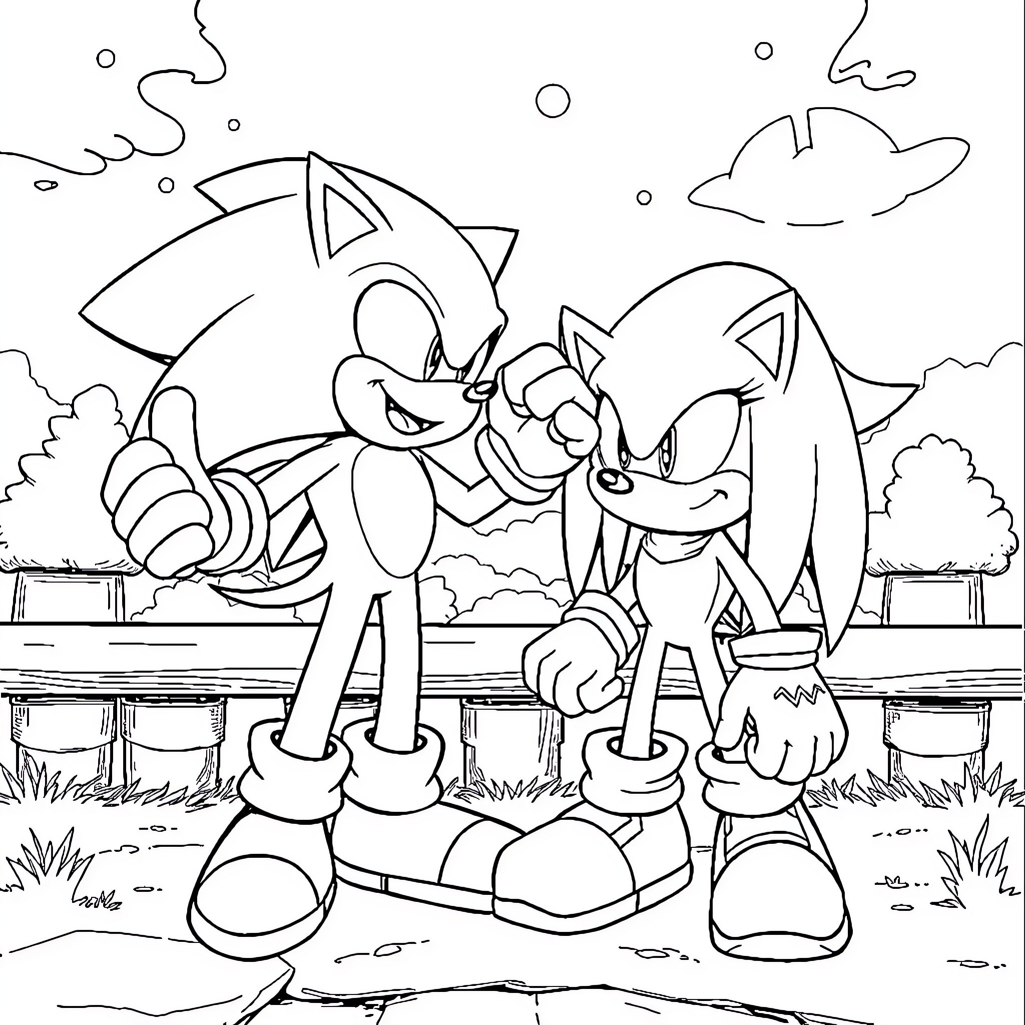 Sonic characters in an outdoor scene Coloring Page (free black-and-white line drawing printable PDF for all, from beginners to advanced learners, including children, teens, adults, and seniors)