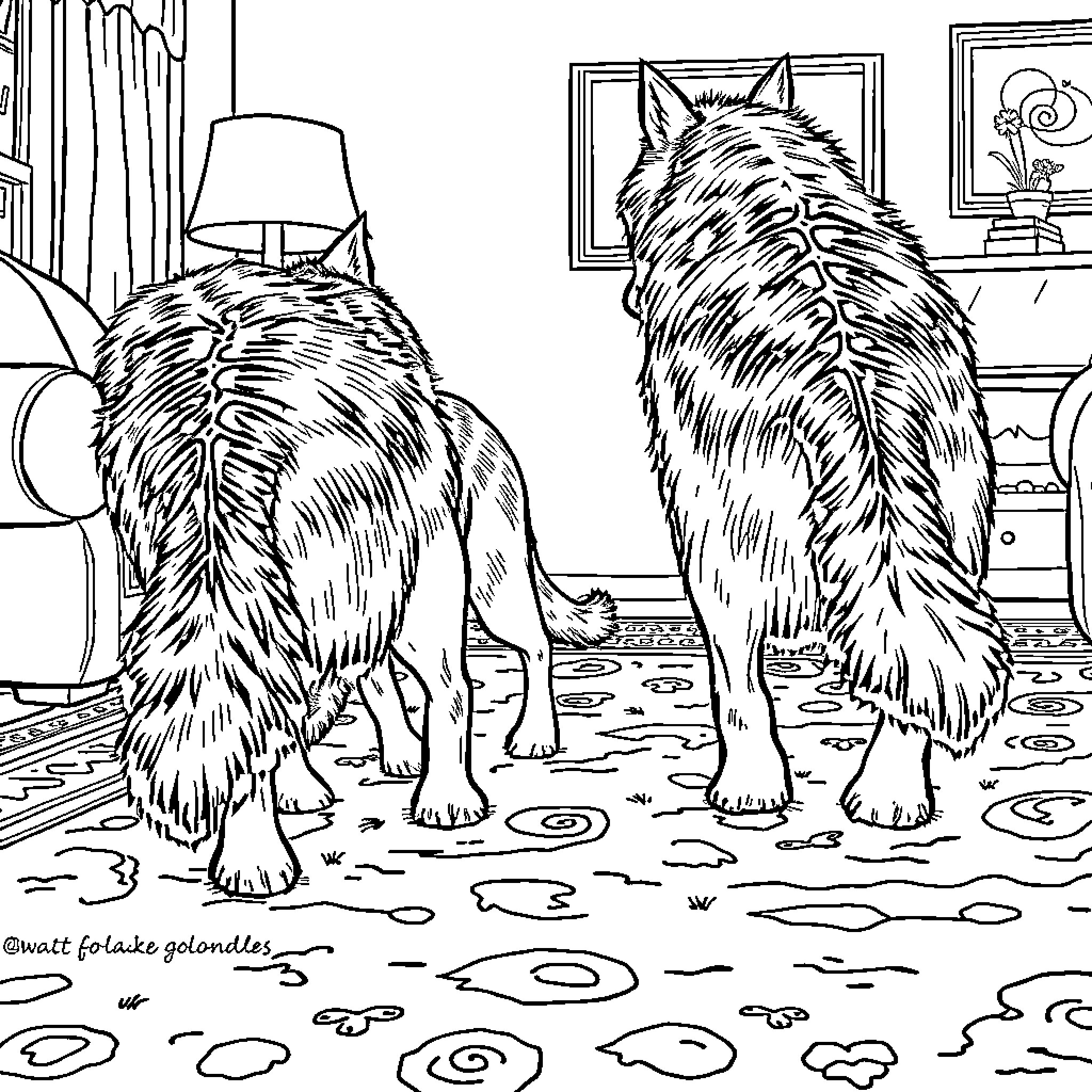Werewolf exploring a cozy indoor scene Coloring Page (free black-and-white line drawing printable PDF for all, from beginners to advanced learners, including children, teens, adults, and seniors)