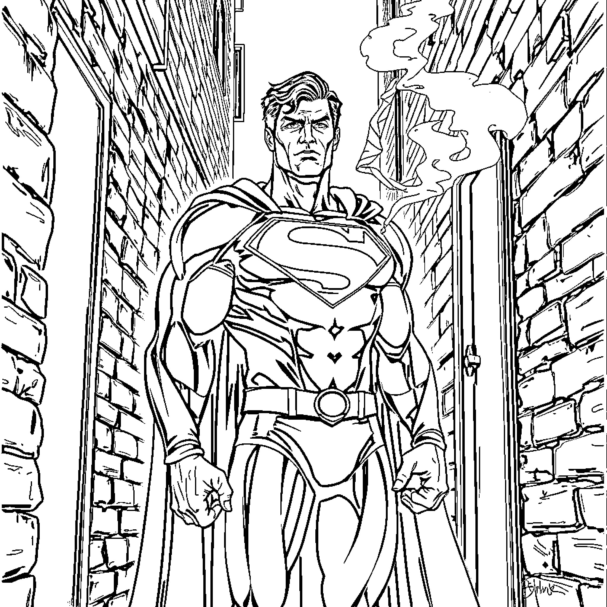 Superman facing a towering challenge Coloring Page (free black-and-white line drawing printable PDF for all, from beginners to advanced learners, including children, teens, adults, and seniors)