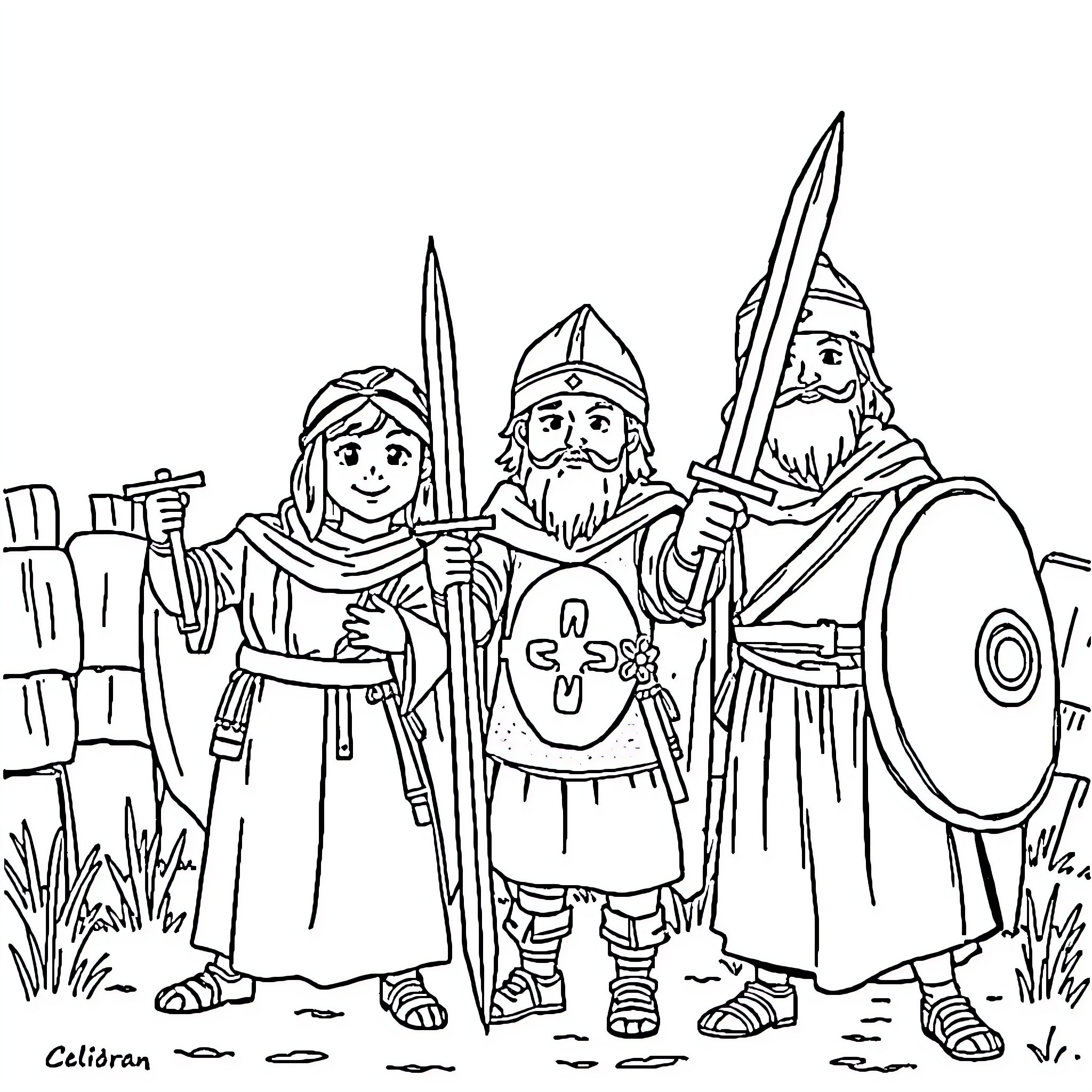 Kid characters in medieval outfits and poses Coloring Page (free black-and-white line drawing printable PDF for all, from beginners to advanced learners, including children, teens, adults, and seniors)