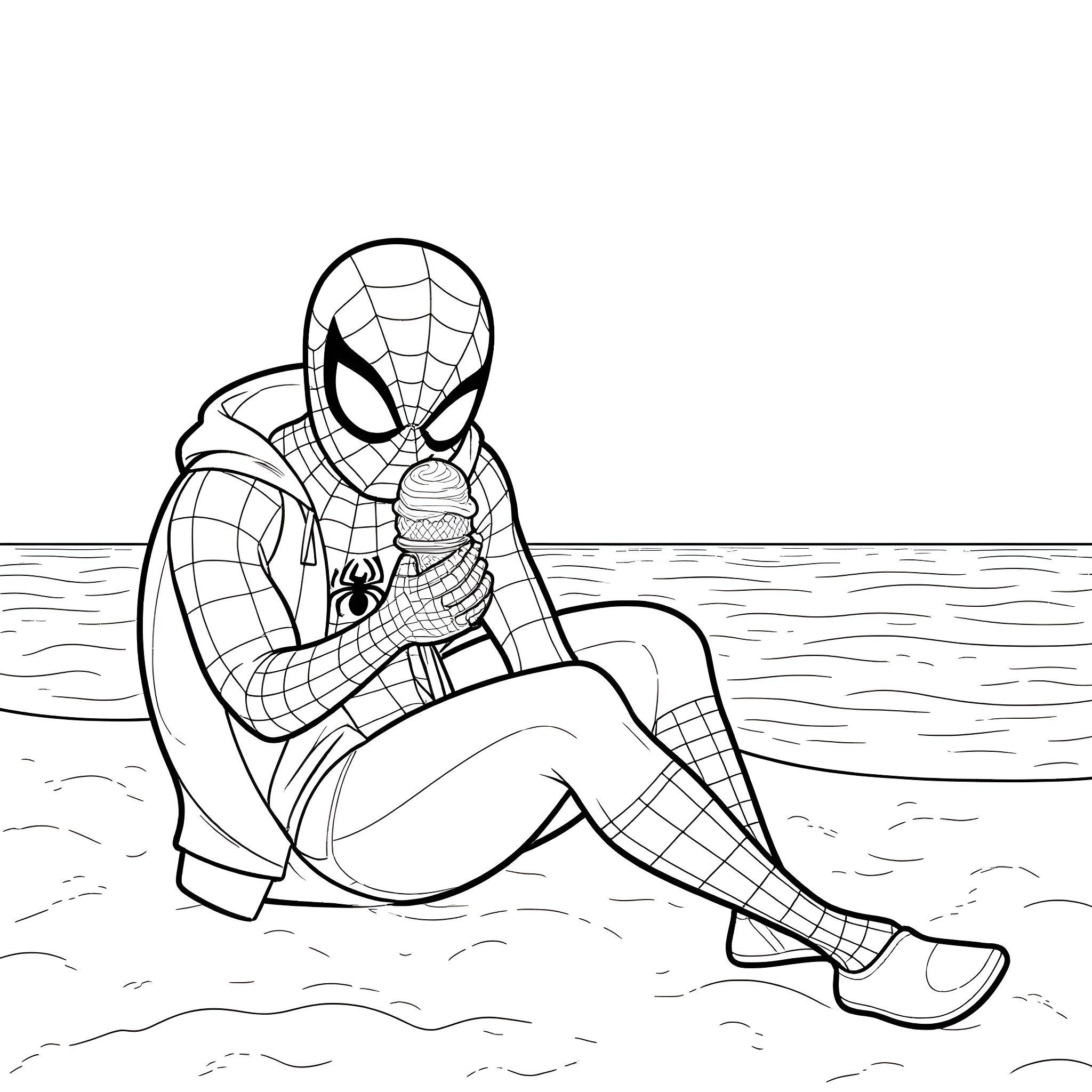 Spiderman resting on the beach Coloring Page (free black-and-white line drawing printable PDF for all, from beginners to advanced learners, including children, teens, adults, and seniors)