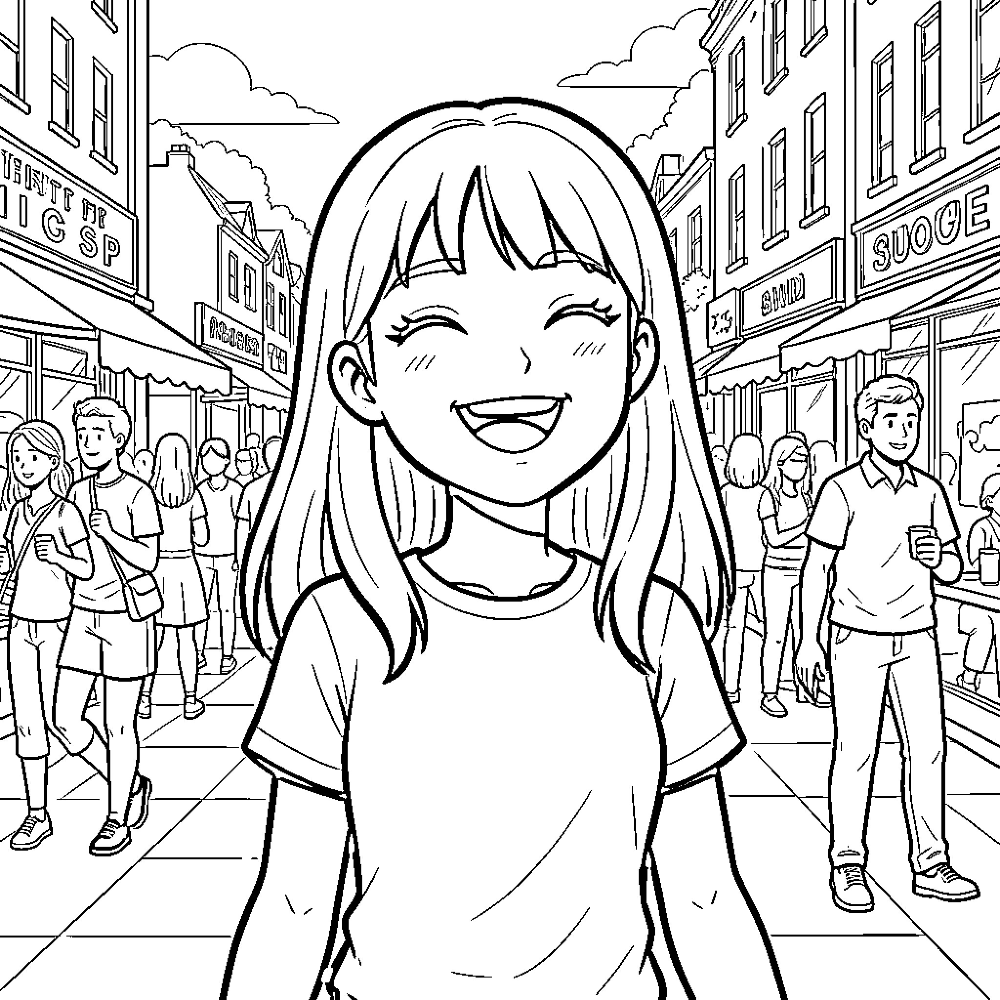 Girl smiling happily while walking through a busy street Coloring Page (free black-and-white line drawing printable PDF for all, from beginners to advanced learners, including children, teens, adults, and seniors)