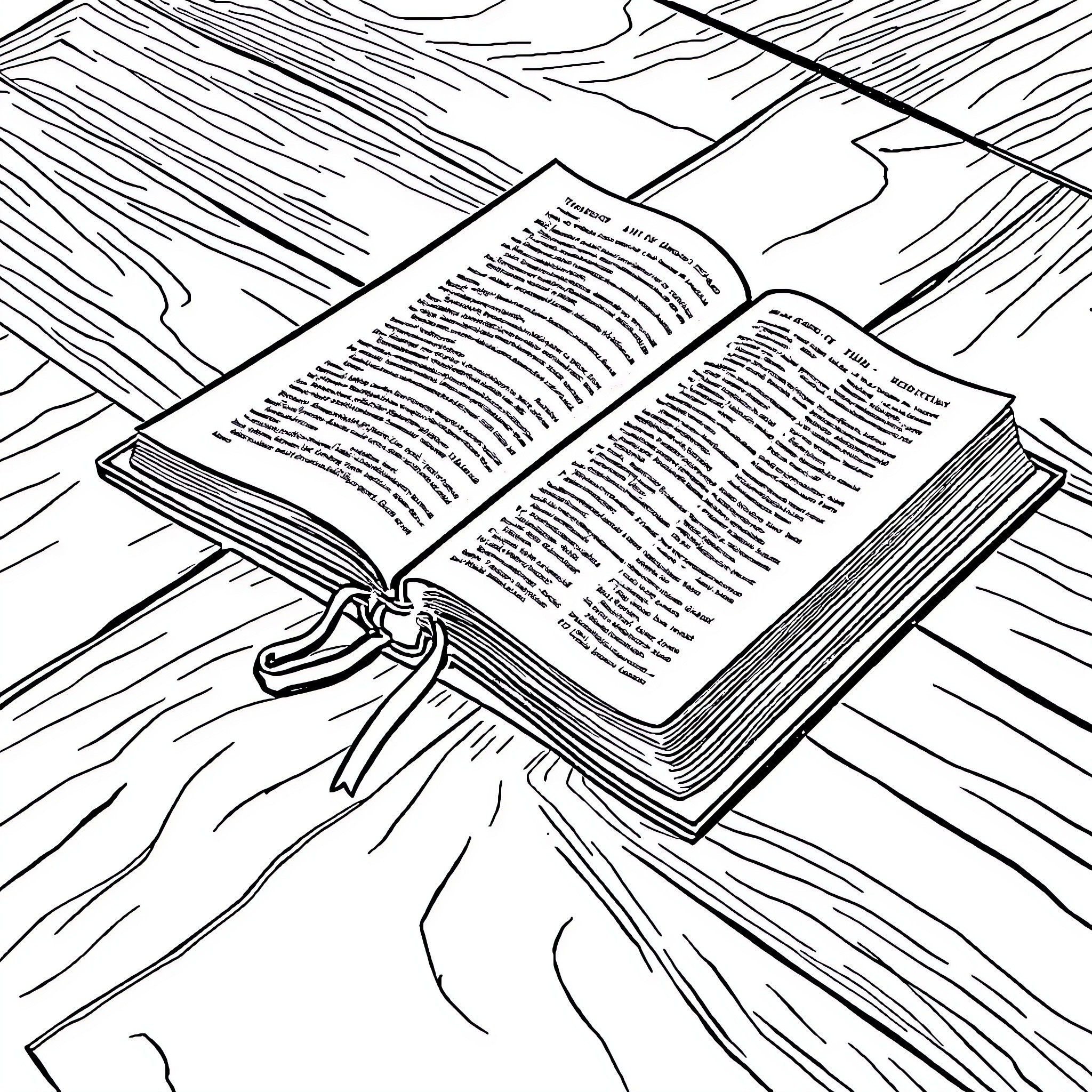 Bible open on a wooden surface Coloring Page (free black-and-white line drawing printable PDF for all, from beginners to advanced learners, including children, teens, adults, and seniors)