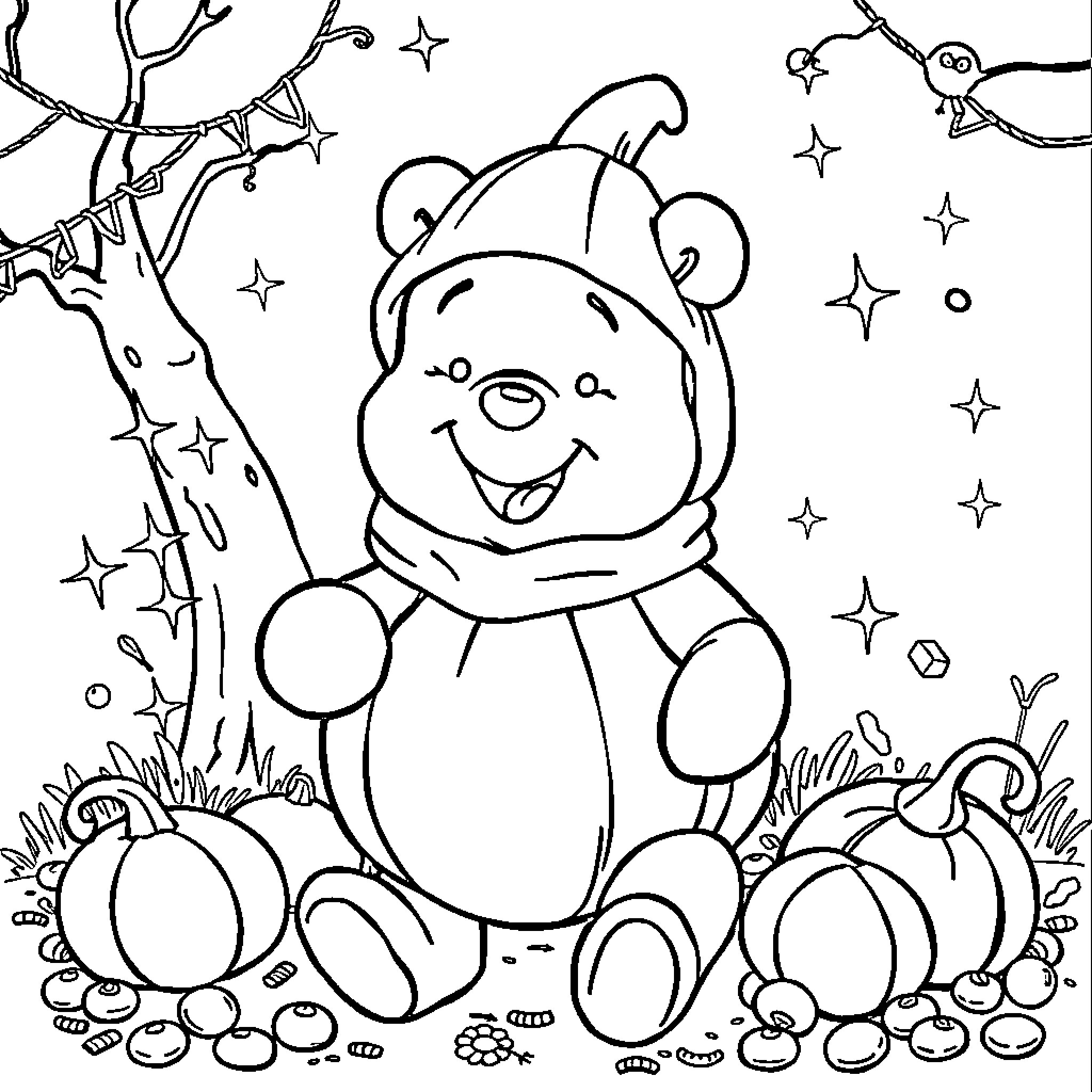 Winnie The Pooh enjoying a winter scene Coloring Page (free black-and-white line drawing printable PDF for all, from beginners to advanced learners, including children, teens, adults, and seniors)