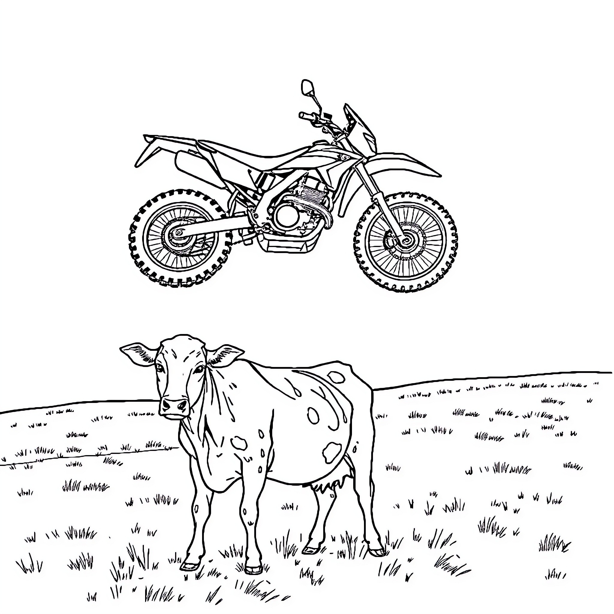 CRF150R Motorcycle and Cow in the Countryside Coloring Page (free black-and-white line drawing printable PDF for all, from beginners to advanced learners, including children, teens, adults, and seniors)