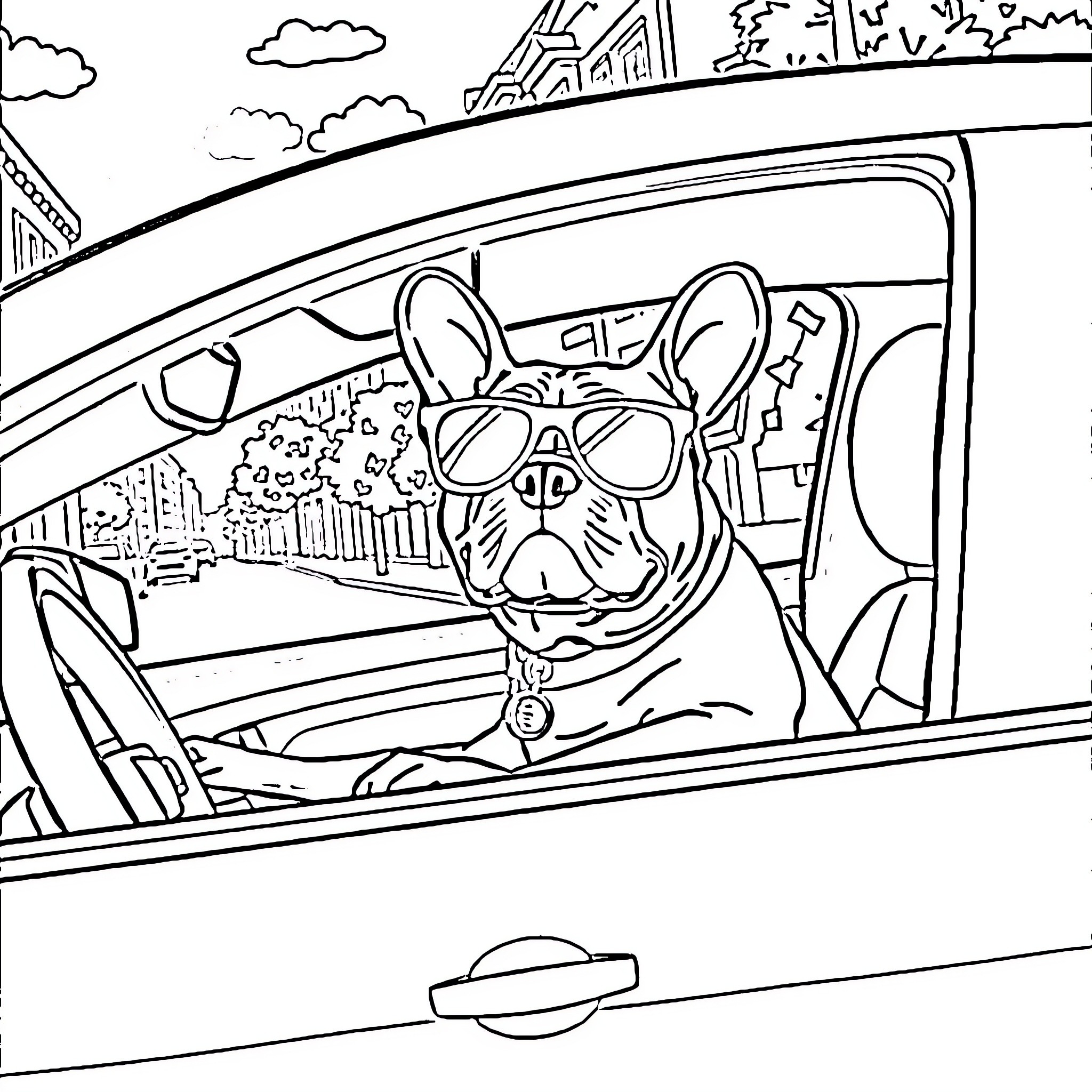 French Bulldog enjoying a drive through the city Coloring Page (free black-and-white line drawing printable PDF for all, from beginners to advanced learners, including children, teens, adults, and seniors)
