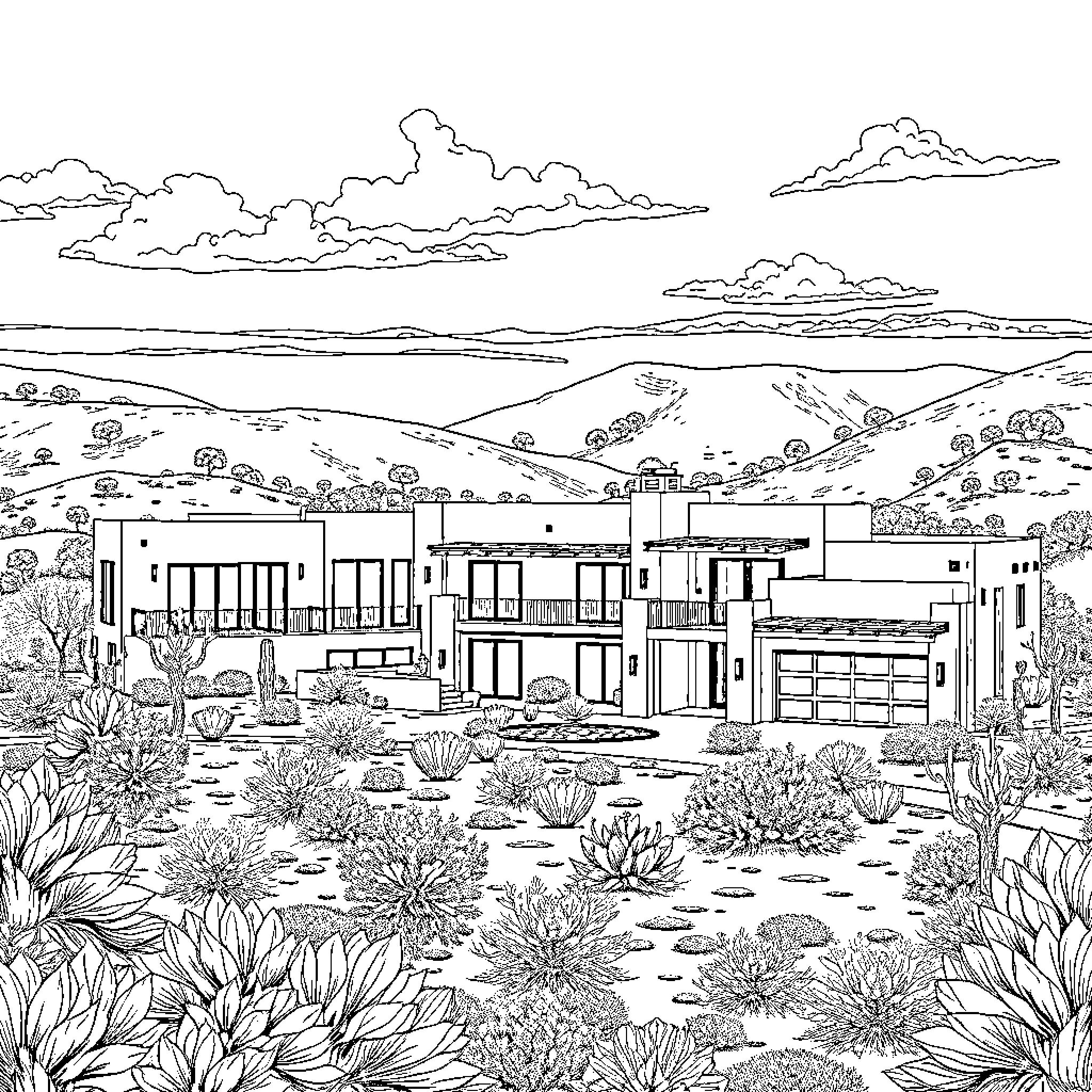 Home in a Serene Desert Landscape Coloring Page (free black-and-white line drawing printable PDF for all, from beginners to advanced learners, including children, teens, adults, and seniors)