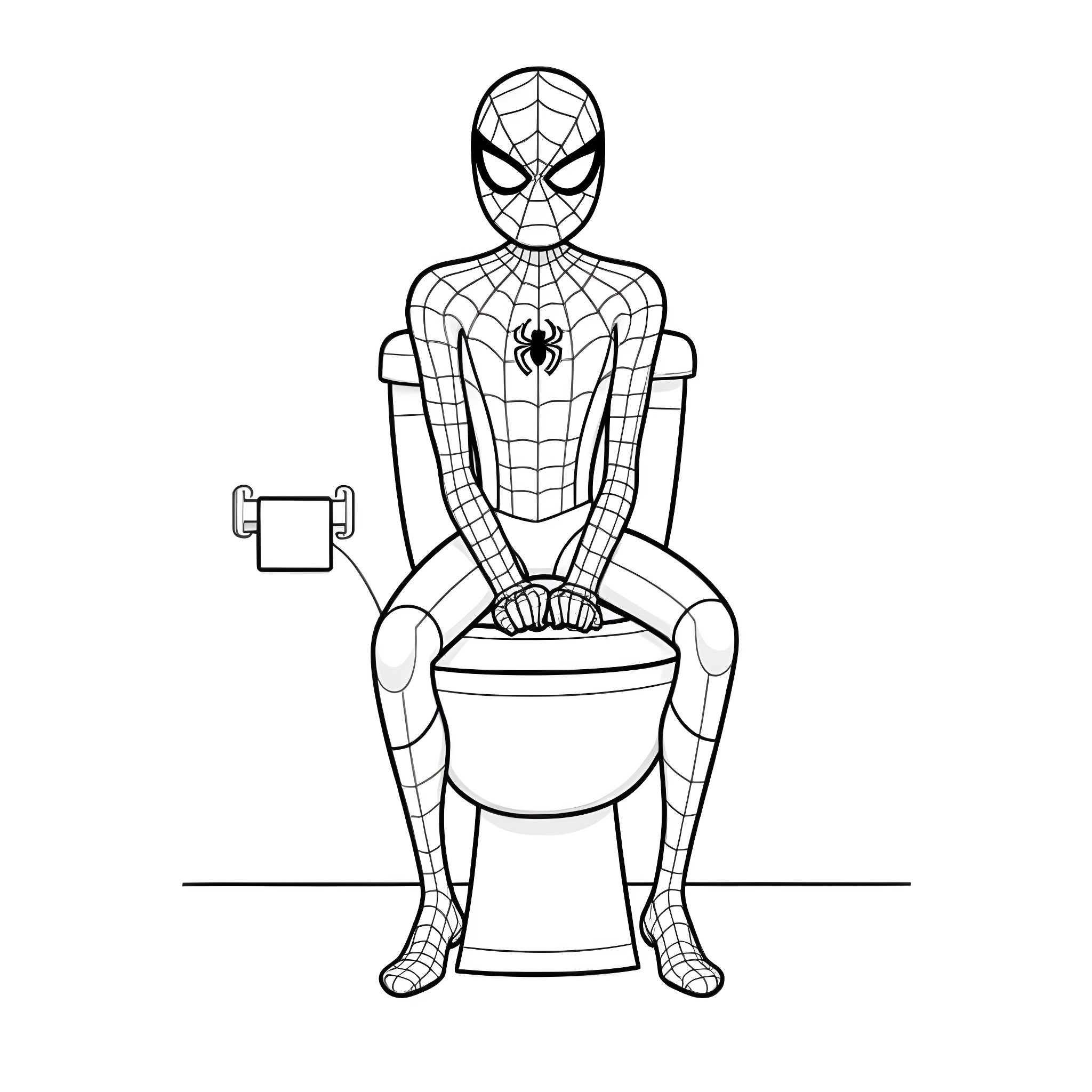 Spiderman sitting on the toilet Coloring Page (free black-and-white line drawing printable PDF for all, from beginners to advanced learners, including children, teens, adults, and seniors)