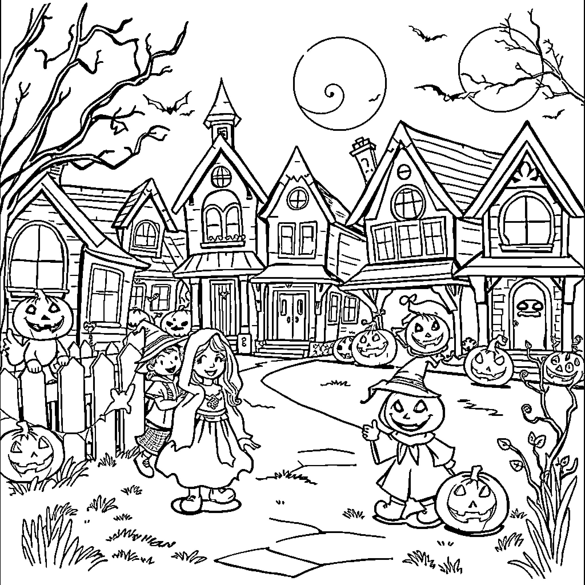 Halloween spooky town with costumed children Coloring Page (free black-and-white line drawing printable PDF for all, from beginners to advanced learners, including children, teens, adults, and seniors)
