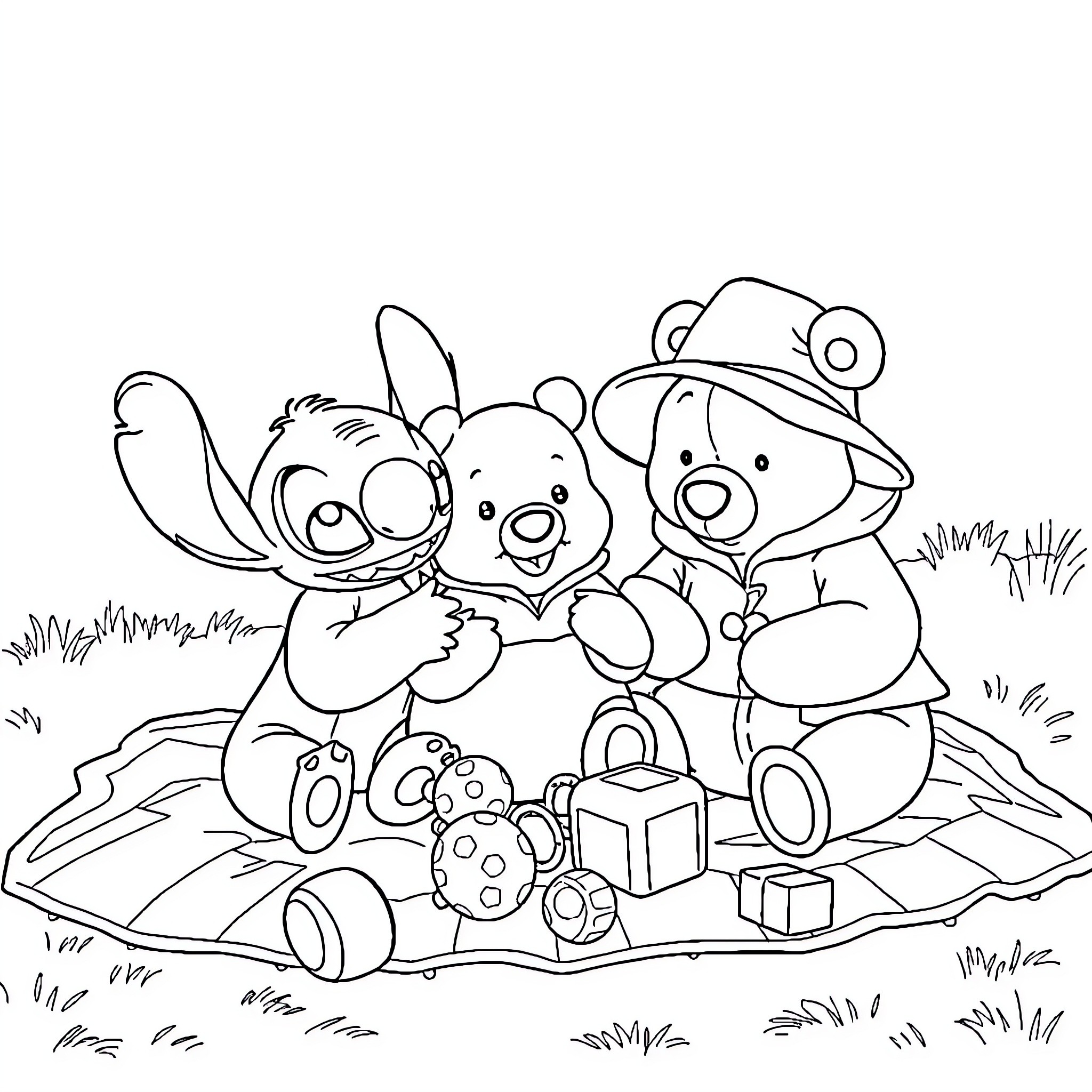 Bear plush toys enjoying a picnic in the park Coloring Page (free black-and-white line drawing printable PDF for all, from beginners to advanced learners, including children, teens, adults, and seniors)