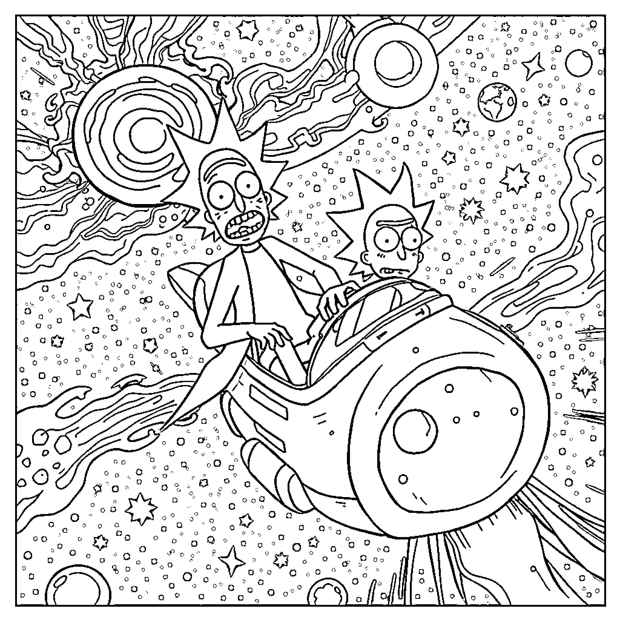 Rick And Morty's Cosmic Adventure Coloring Page (free black-and-white line drawing printable PDF for all, from beginners to advanced learners, including children, teens, adults, and seniors)
