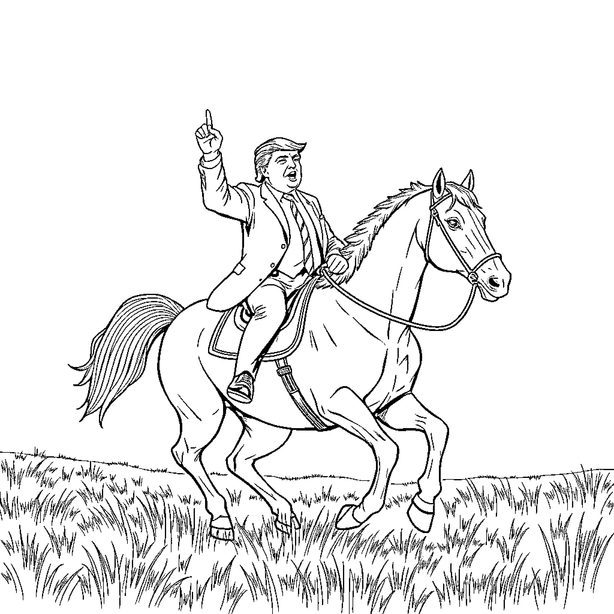 Trump riding a horse in a grassy field Coloring Page (free black-and-white line drawing printable PDF for all, from beginners to advanced learners, including children, teens, adults, and seniors)
