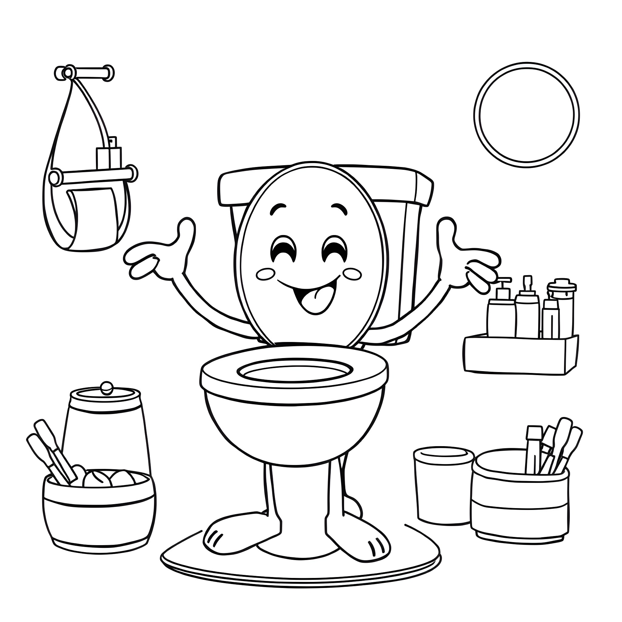 Skibiti Smiling Toilet With Bathroom Accessories Coloring Page (free black-and-white line drawing printable PDF for all, from beginners to advanced learners, including children, teens, adults, and seniors)
