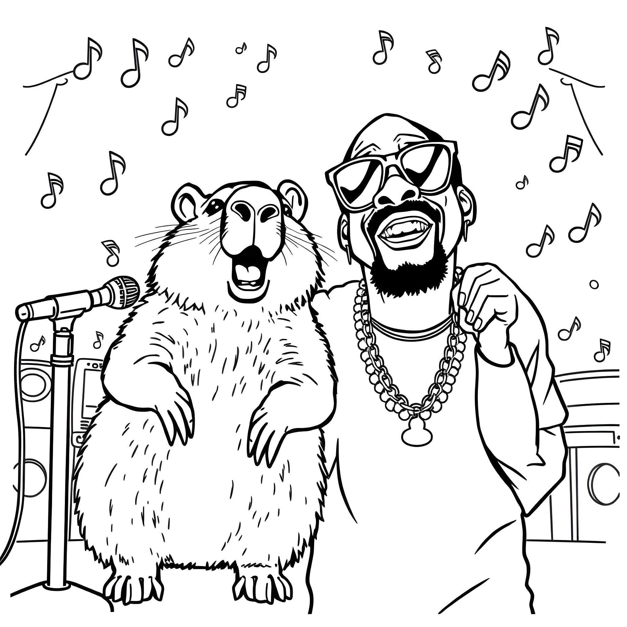 Capybara and human jamming to music Coloring Page (free black-and-white line drawing printable PDF for all, from beginners to advanced learners, including children, teens, adults, and seniors)