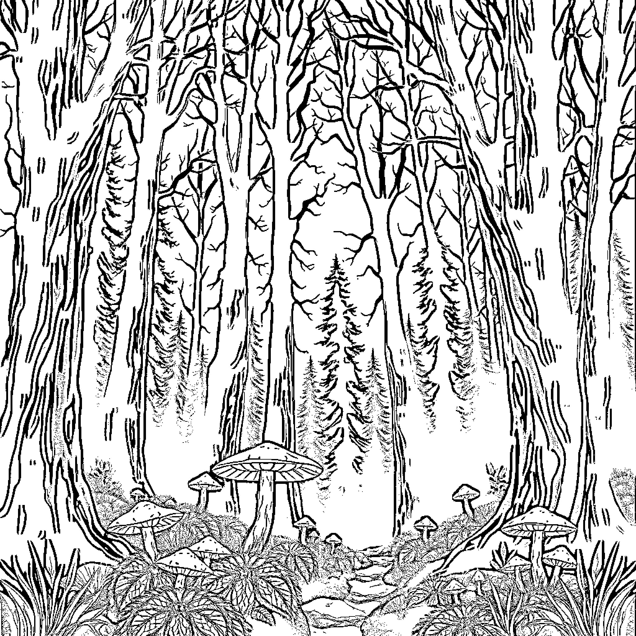 Forest of Whimsical Woodland Wonders Coloring Page (free black-and-white line drawing printable PDF for all, from beginners to advanced learners, including children, teens, adults, and seniors)