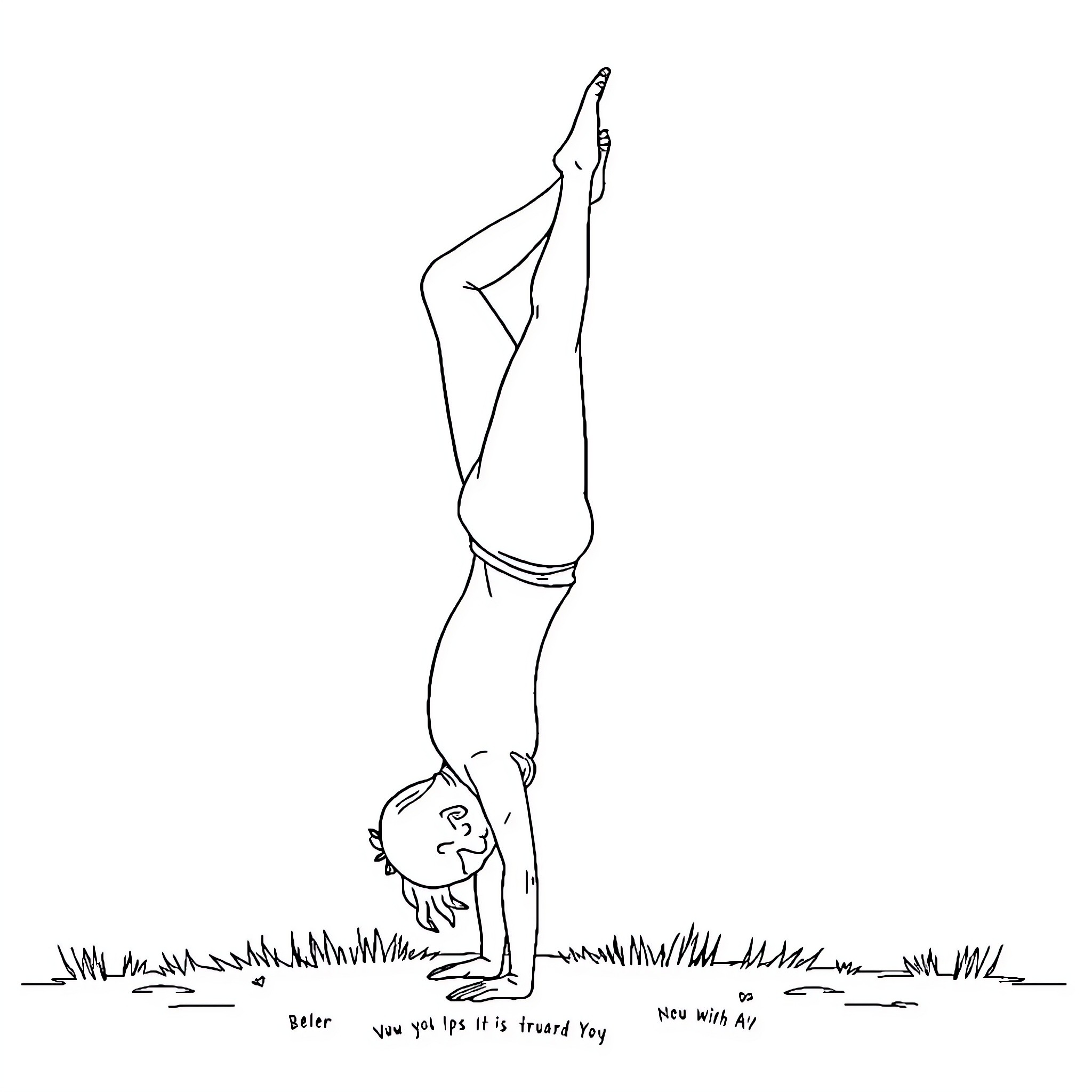 Yogi performing handstand on grass Coloring Page (free black-and-white line drawing printable PDF for all, from beginners to advanced learners, including children, teens, adults, and seniors)