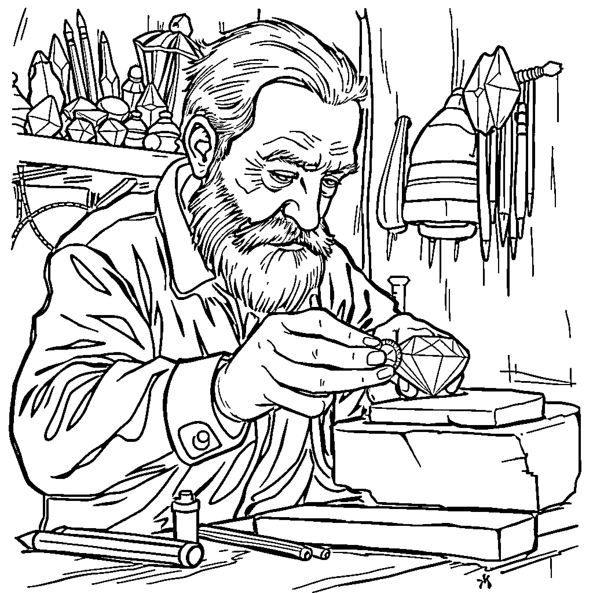 Gemstone Artisan Crafting Precious Gems Coloring Page (free black-and-white line drawing printable PDF for all, from beginners to advanced learners, including children, teens, adults, and seniors)