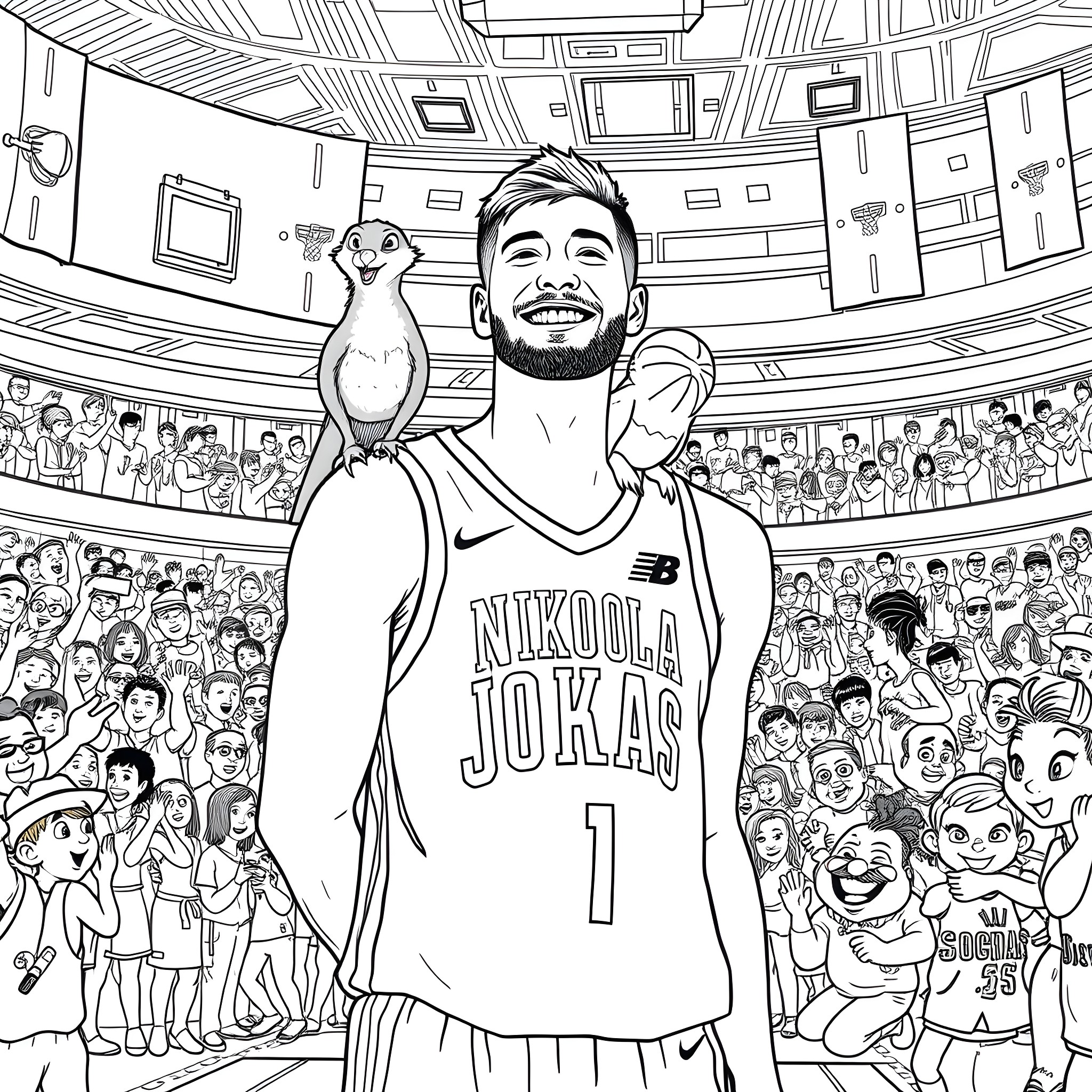 Nikola Jokic Celebrating with Teammates in Stadium Coloring Page (free black-and-white line drawing printable PDF for all, from beginners to advanced learners, including children, teens, adults, and seniors)