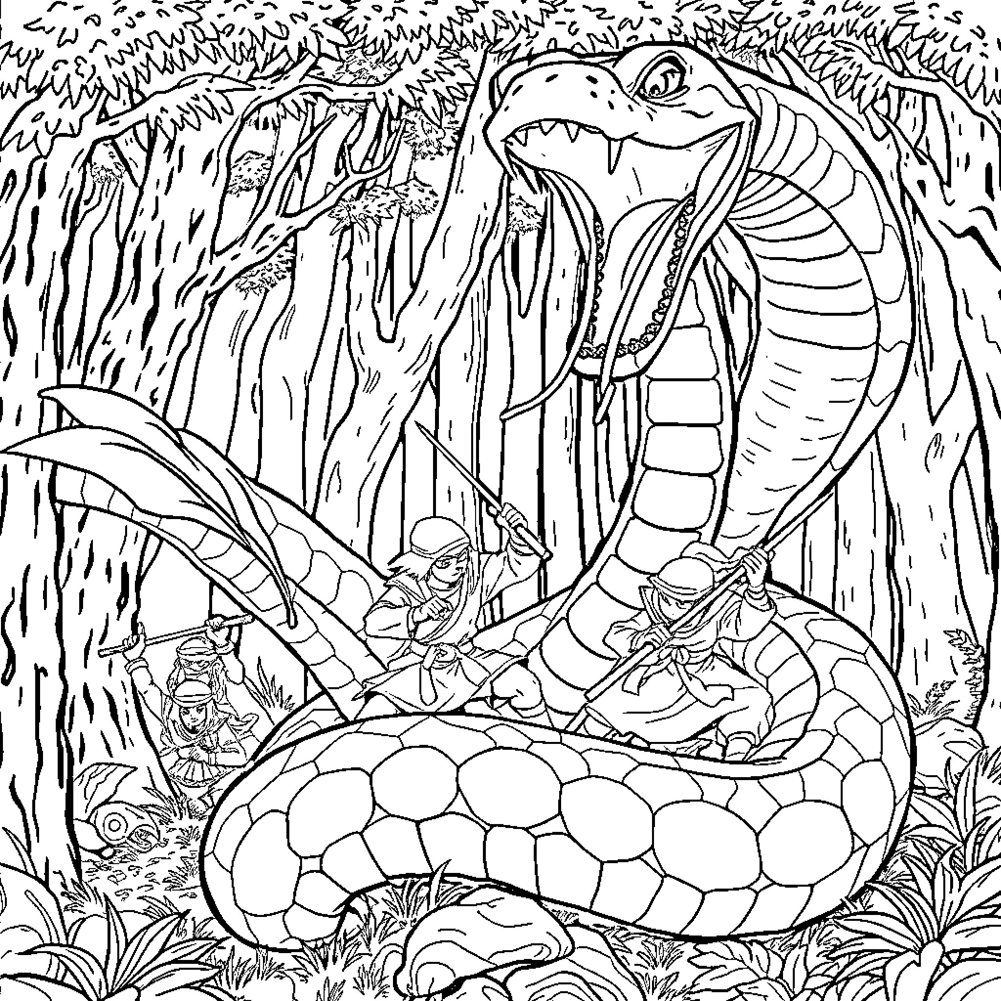 Ninja Warriors Battling Giant Snake in Jungle Coloring Page (free black-and-white line drawing printable PDF for all, from beginners to advanced learners, including children, teens, adults, and seniors)