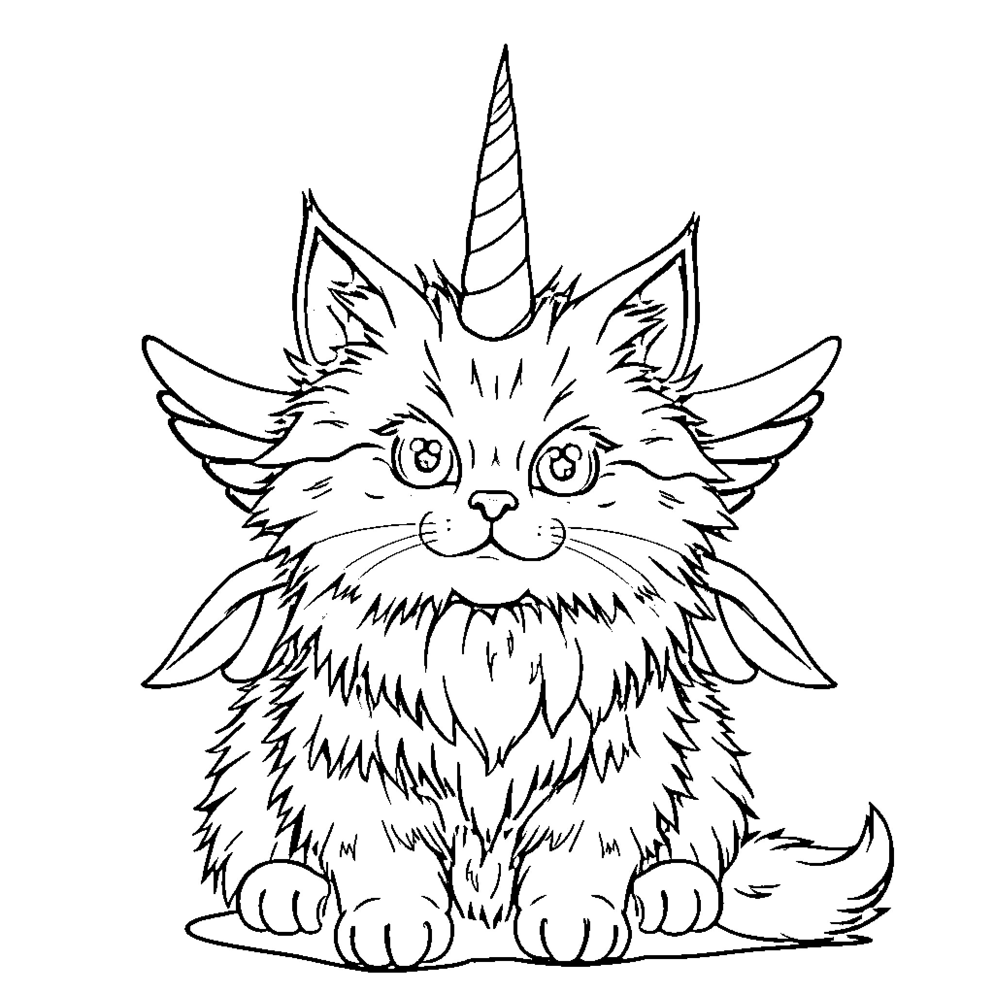 Winged Cat with Whimsical Unicorn Horn Coloring Page (free black-and-white line drawing printable PDF for all, from beginners to advanced learners, including children, teens, adults, and seniors)