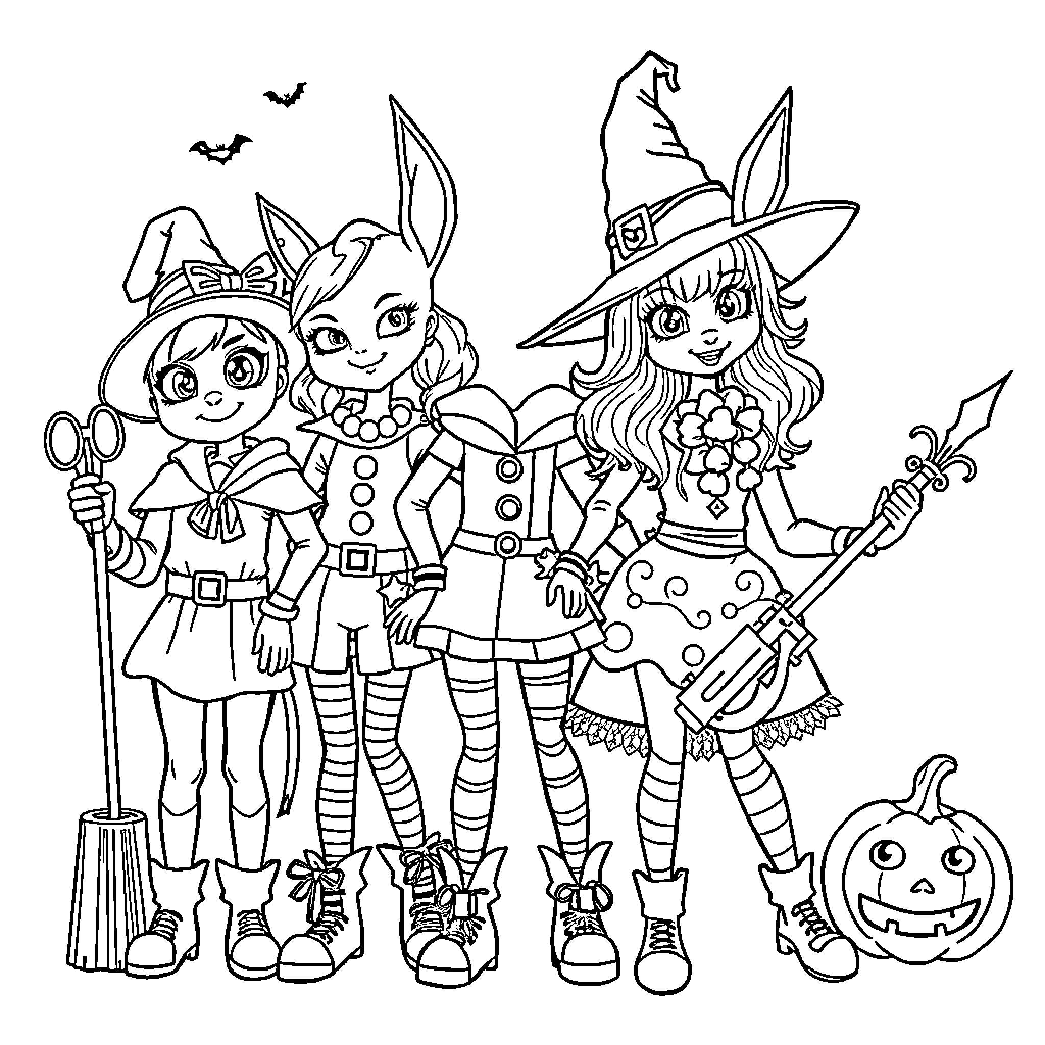 Huntrix Halloween Celebration with Friends Coloring Page (free black-and-white line drawing printable PDF for all, from beginners to advanced learners, including children, teens, adults, and seniors)