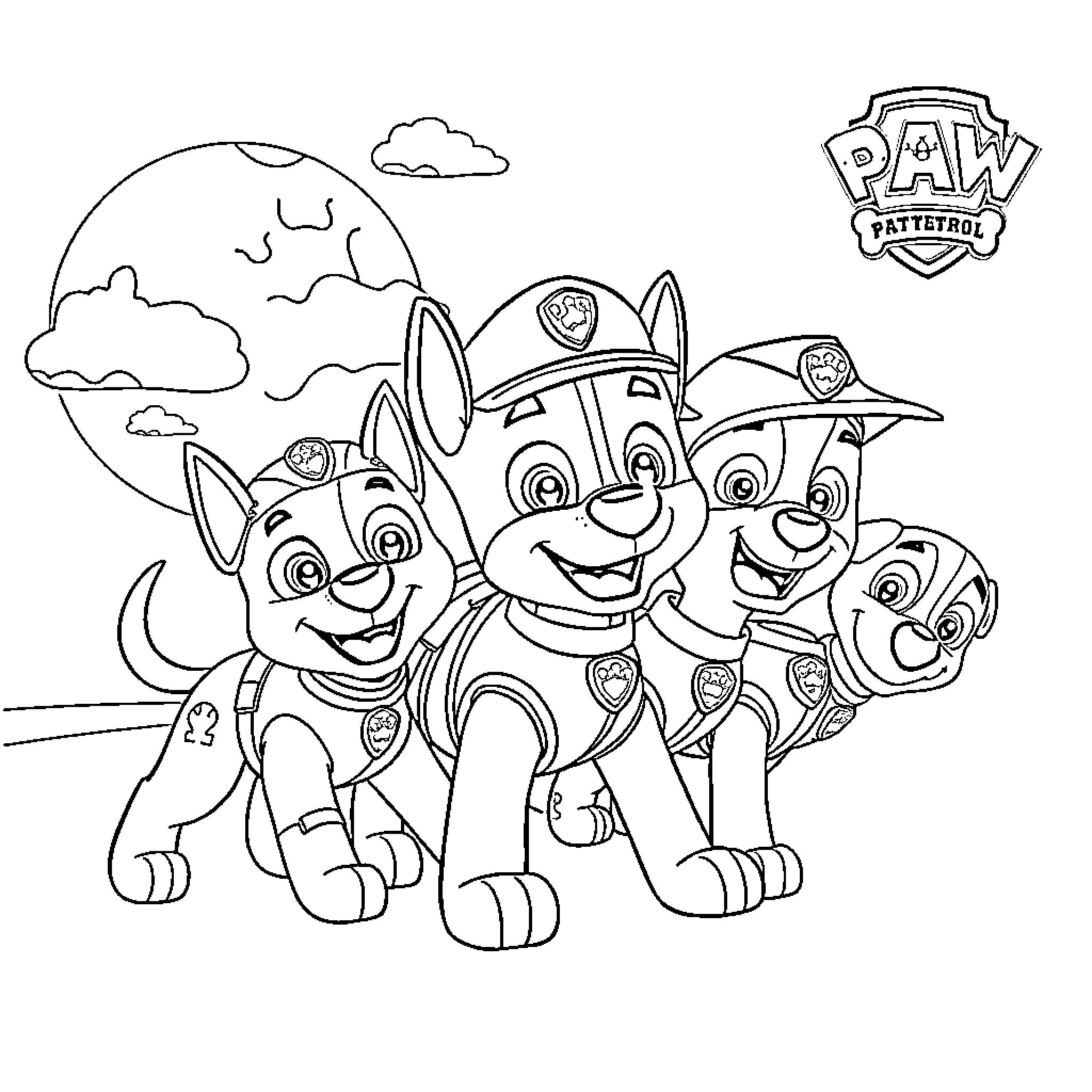Paw Patrol characters on an adventure Coloring Page (free black-and-white line drawing printable PDF for all, from beginners to advanced learners, including children, teens, adults, and seniors)